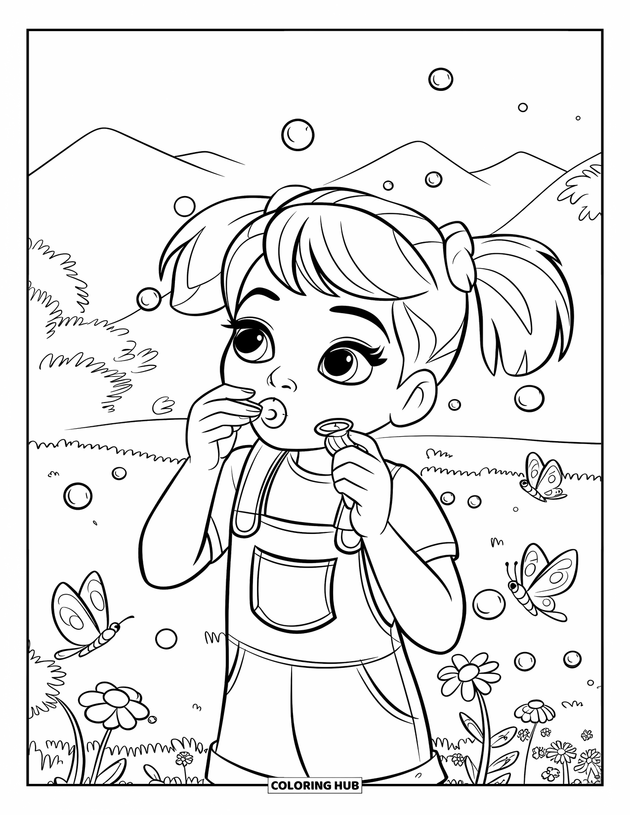 Desen de colorat cu o fată de culoare pentru copii: O fată cu codițe suflă bule în timp ce fluturii zboară în jurul ei