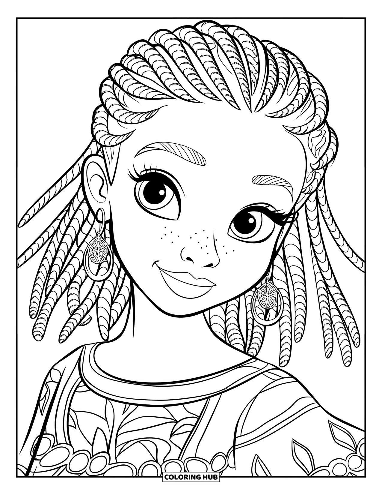 Desen de colorat cu o fată de culoare pentru copii: O fată cu împletituri răsucite și o rochie florală zâmbește pe un fundal simplu