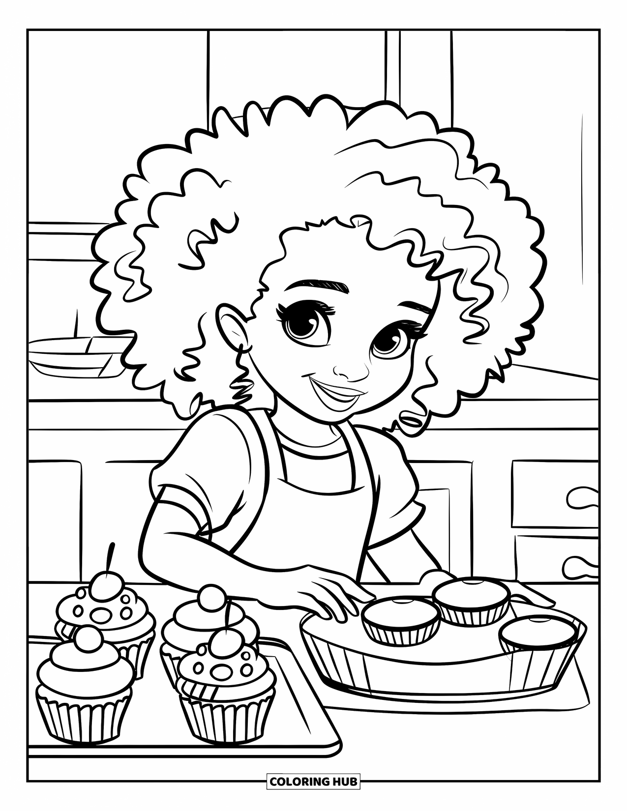 Desen de colorat cu o fată de culoare pentru copii: O fată fericită decorează brioșe lângă o tavă într-o bucătărie simplă