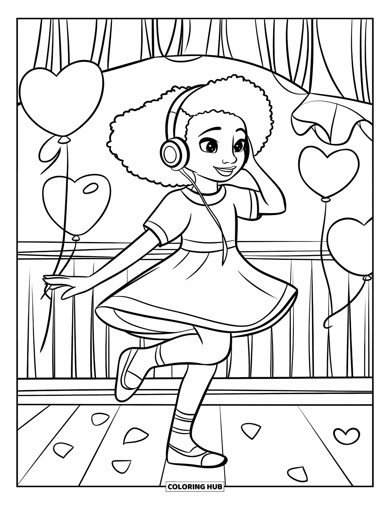 Desen de colorat cu o fată de culoare pentru copii: O fată fericită într-o rochie roz dansează cu baloane în formă de inimă și stea