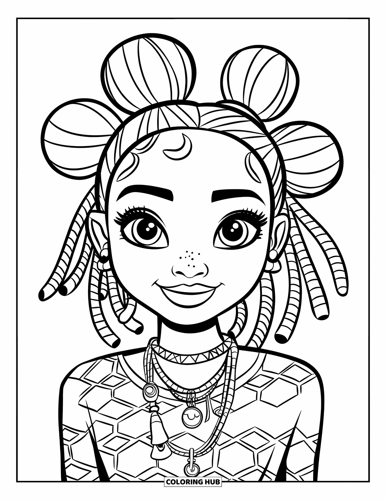 Desen de colorat cu o fată de culoare pentru copii: O fată fericită cu cocuri bantu și pandantive zâmbește luminos la privitor