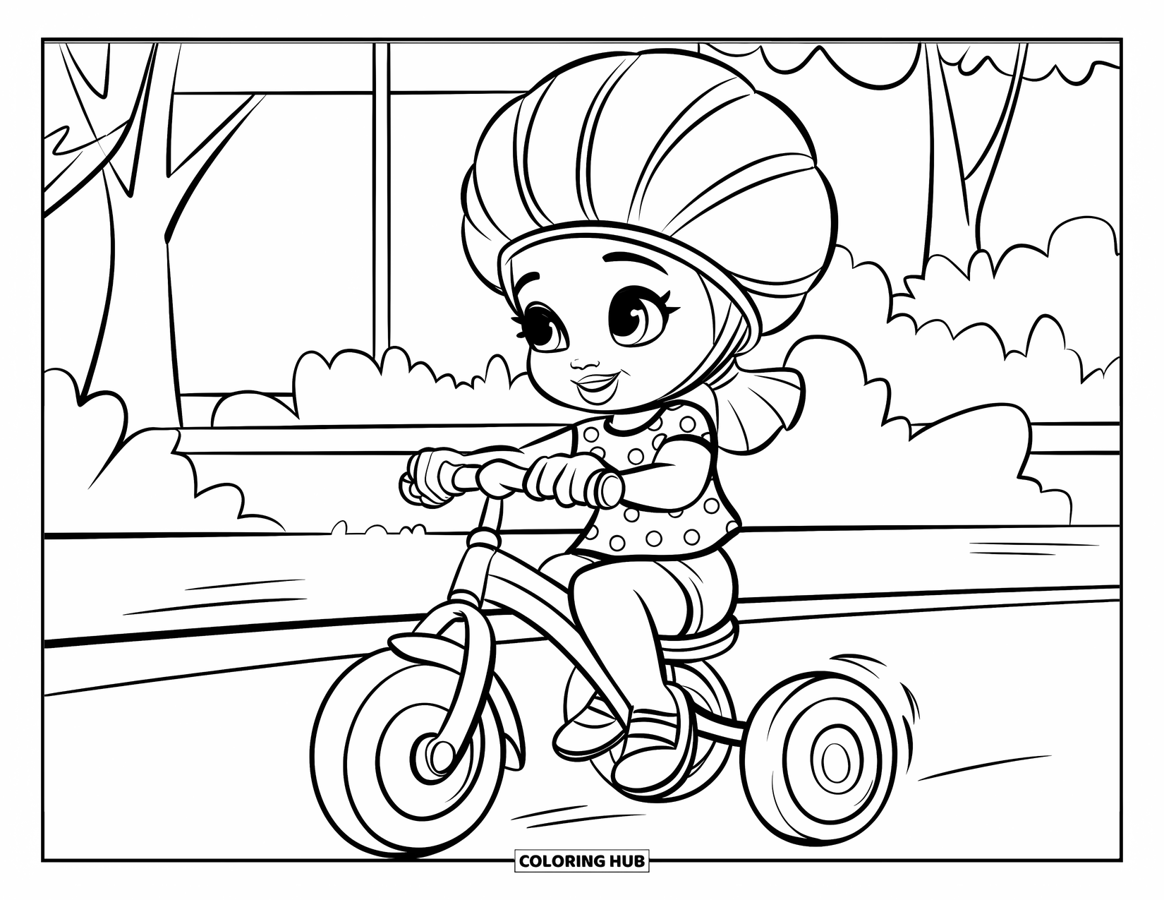 Desen de colorat cu o fată de culoare pentru copii: O plimbare veselă cu tricicleta pe lângă copaci și clădiri cu forme simple