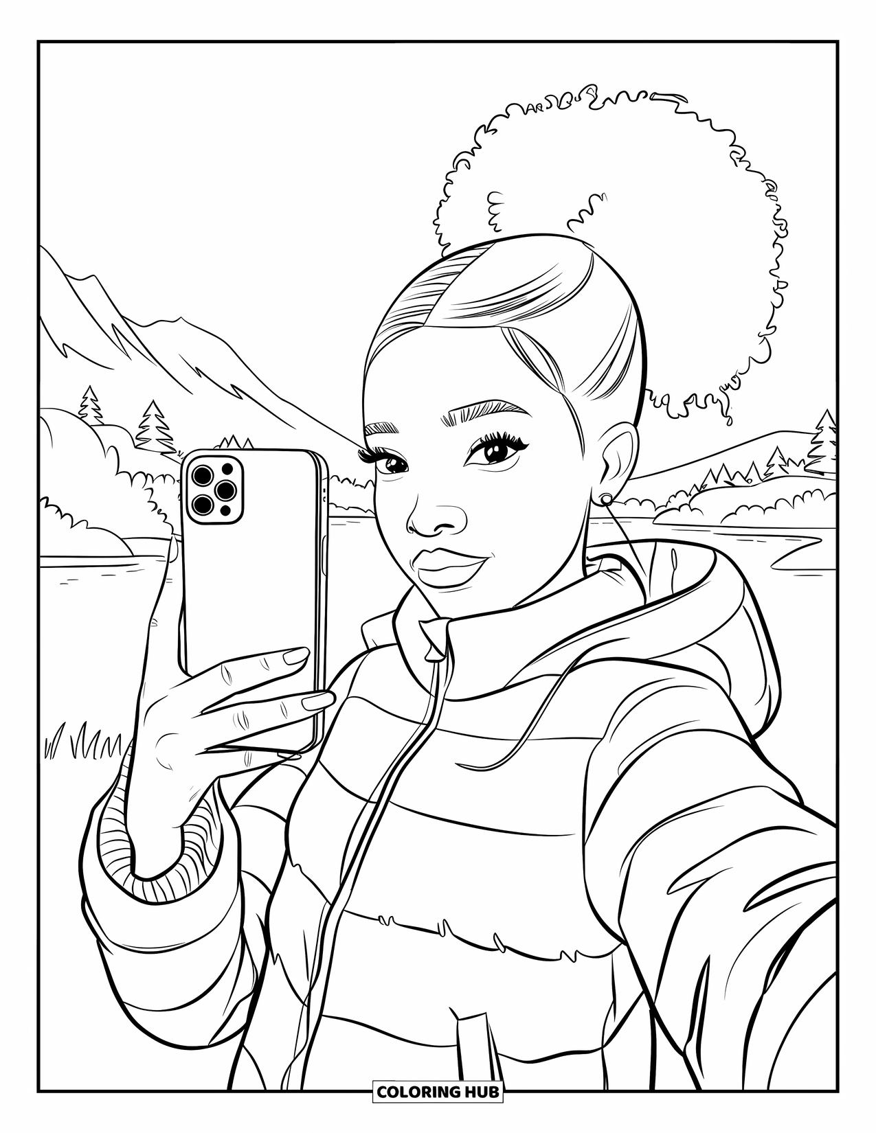Desen de colorat cu o fată de culoare pentru copii: O adolescentă drăguță într-o jachetă puffer face un selfie lângă o priveliște montană