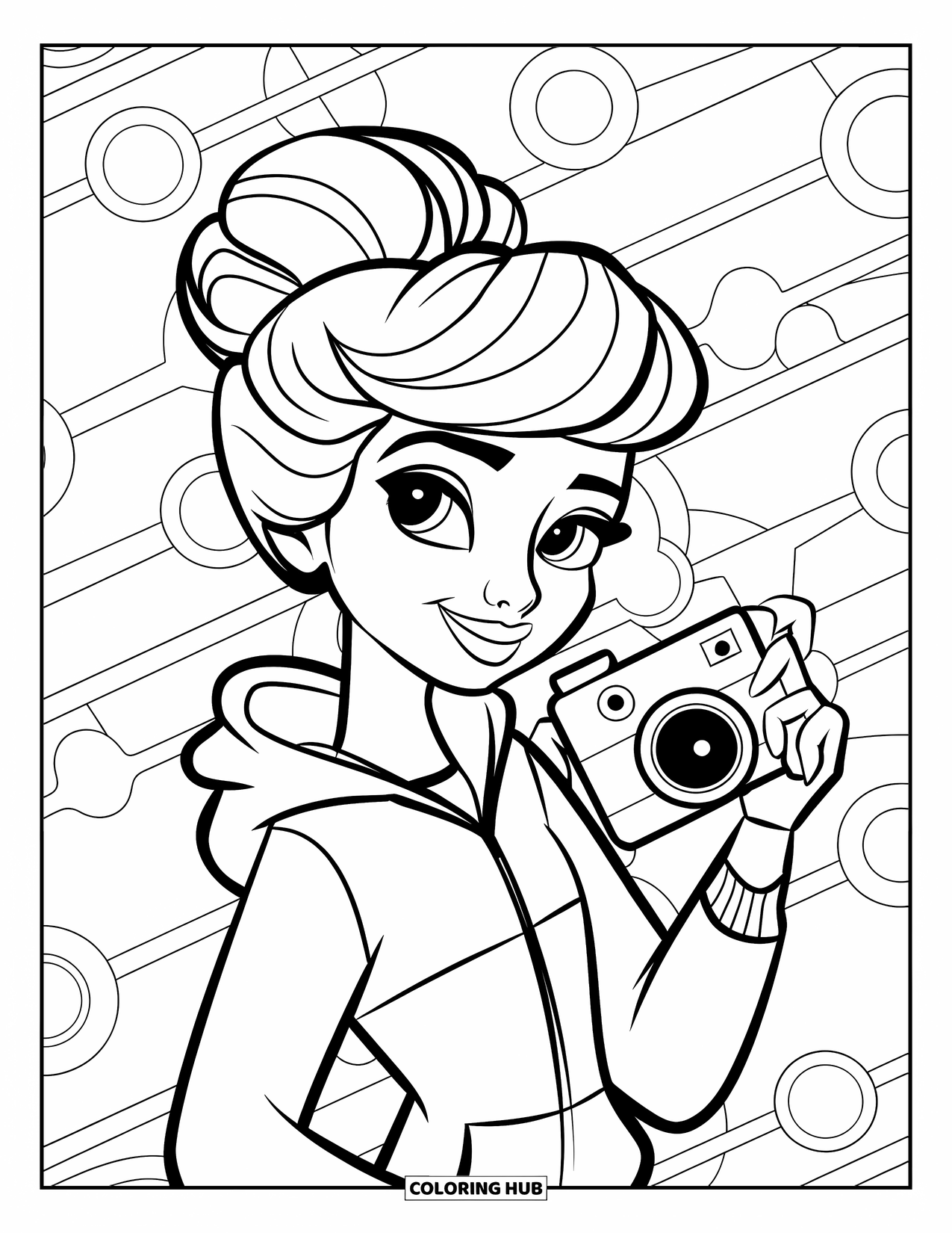 Desen de colorat cu o fată de culoare pentru copii: O fată cu părul creț într-un hanorac ține un aparat foto pe un model simplu