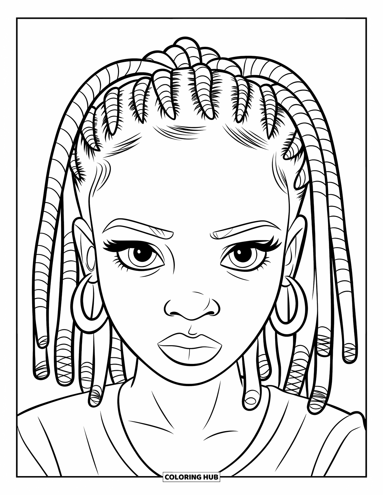 Desen de colorat cu o fată de culoare pentru copii: O fată serioasă cu împletituri jumbo și cercei rotunzi privește înainte