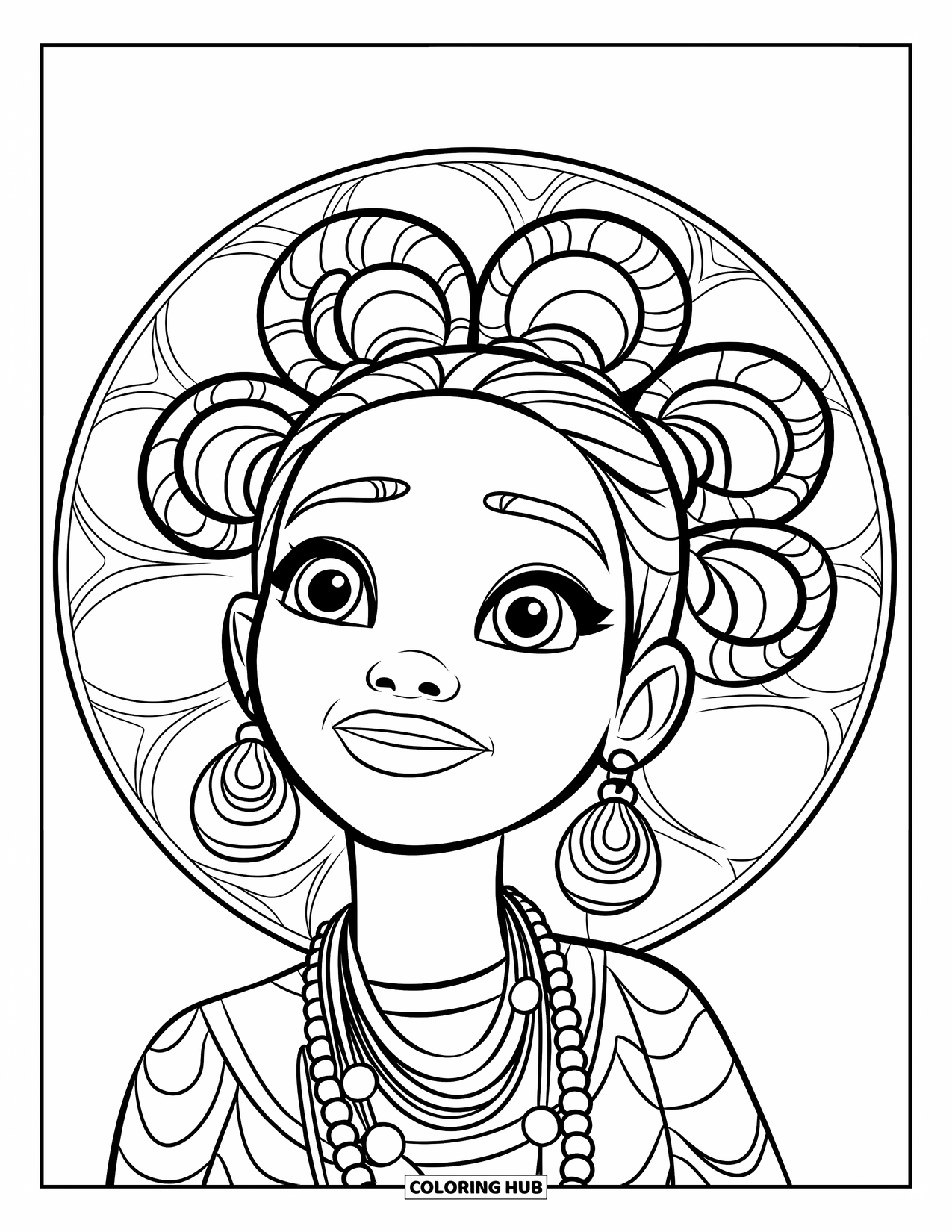 Desen de colorat cu o fată de culoare pentru copii: O fată zâmbitoare cu cocuri bantu poartă coliere cu mărgele și un top cu model