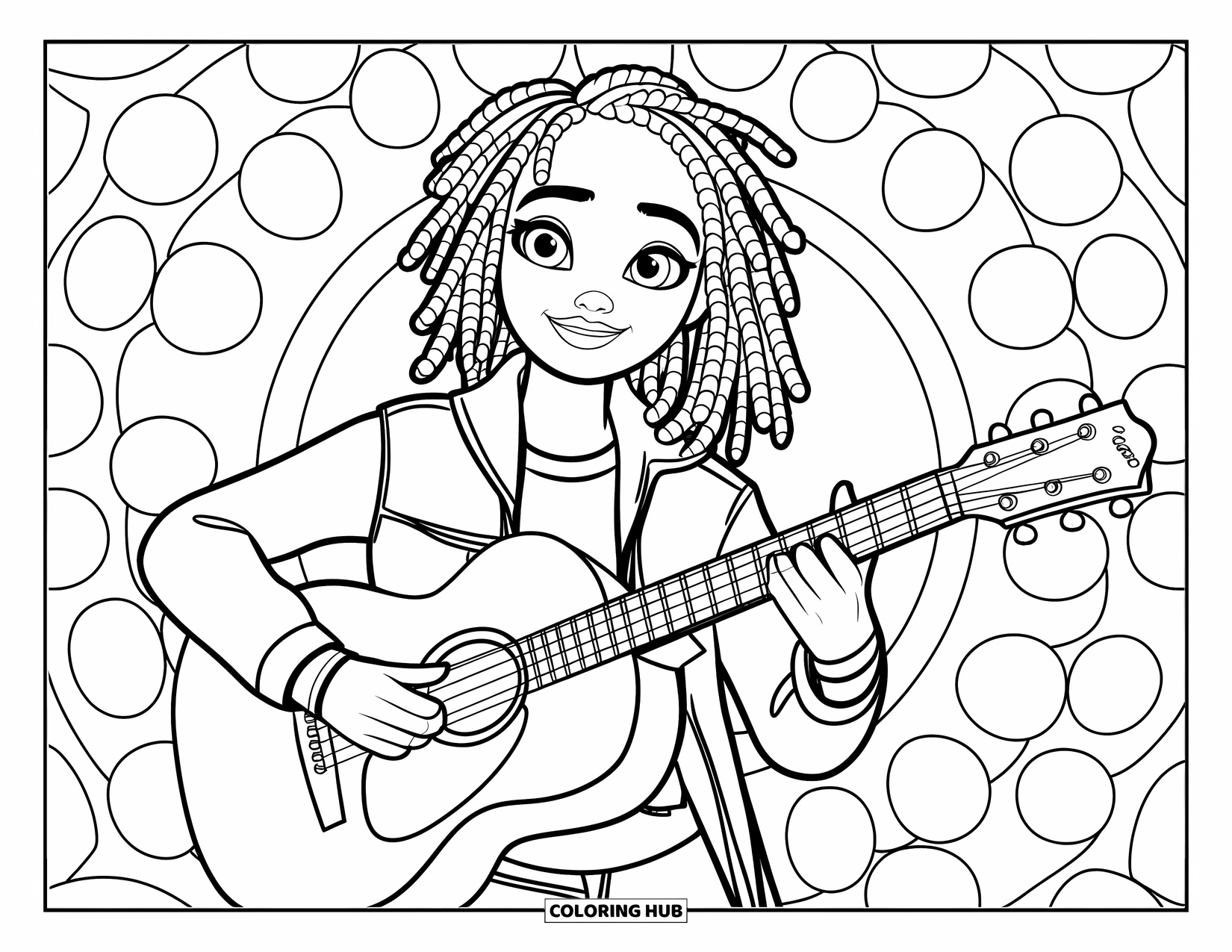 Desen de colorat cu o fată de culoare pentru copii: O fată zâmbitoare cu dreaduri cântă la chitară într-o jachetă funky