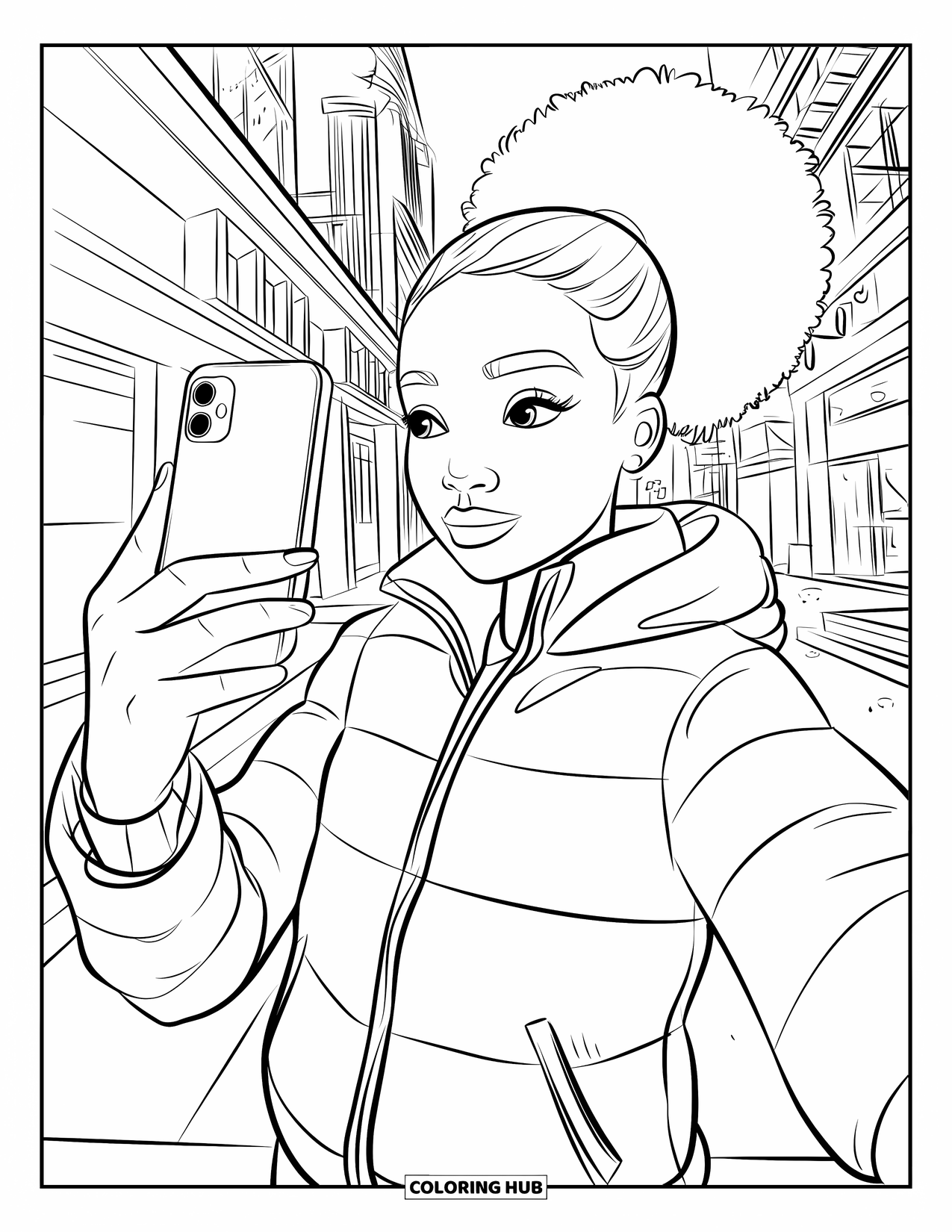 Desen de colorat cu o fată de culoare pentru copii: O adolescentă zâmbitoare face un selfie pe o stradă a orașului cu clădiri înalte