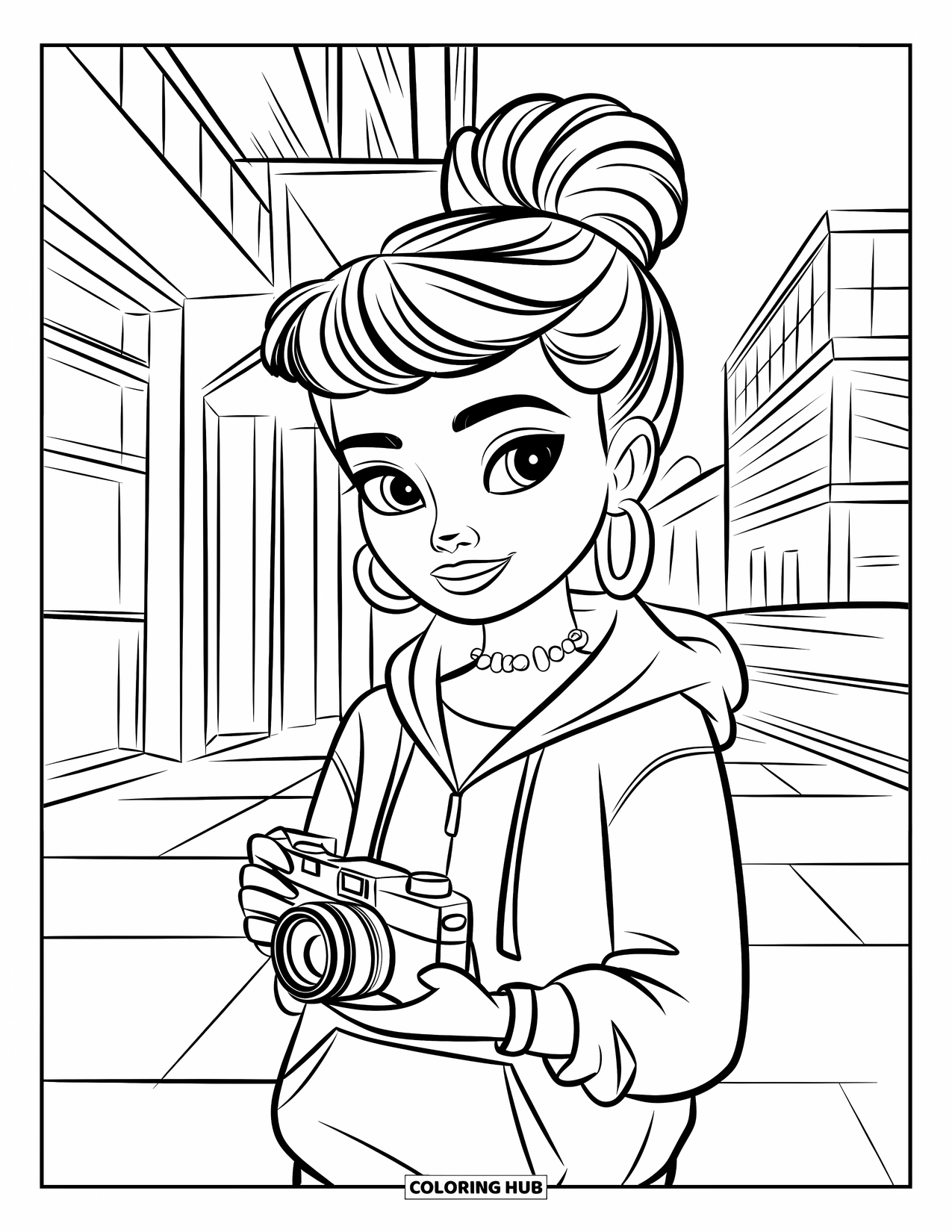 Desen de colorat cu o fată de culoare pentru copii: O fată elegantă cu codițe și un aparat foto stă lângă clădiri înalte