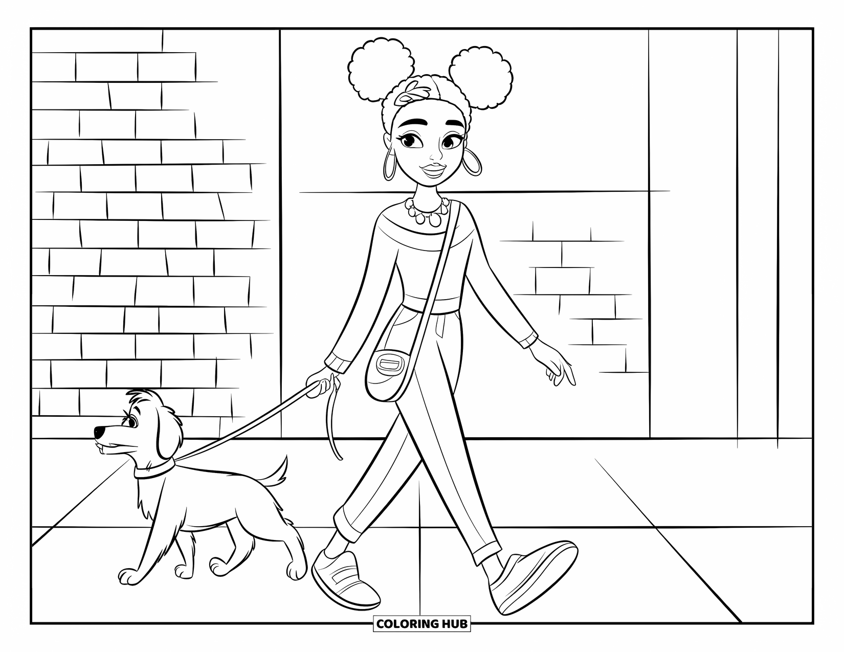Desen de colorat cu o fată de culoare pentru copii: O adolescentă elegantă cu cocuri împletite își plimbă câinele pe un trotuar al orașului
