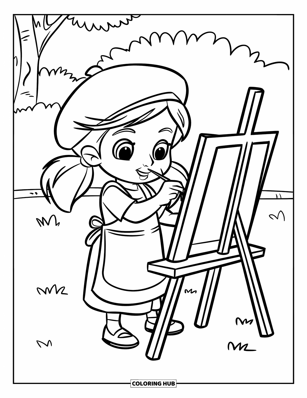 Desen de colorat cu o fată de culoare pentru copii: O tânără artistă pictează pe iarbă purtând o beretă și un șorț