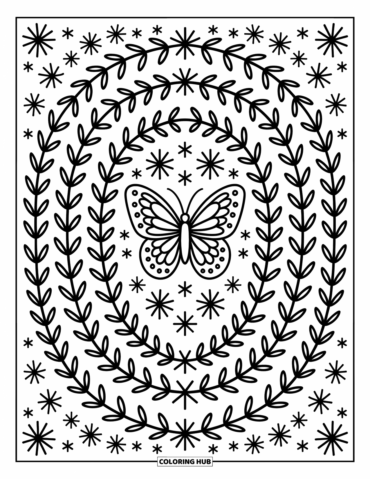 Butterfly Mandala Coloring Page for Adults: A cozy, circular mandala of butterfly, vines, and sweet star details
