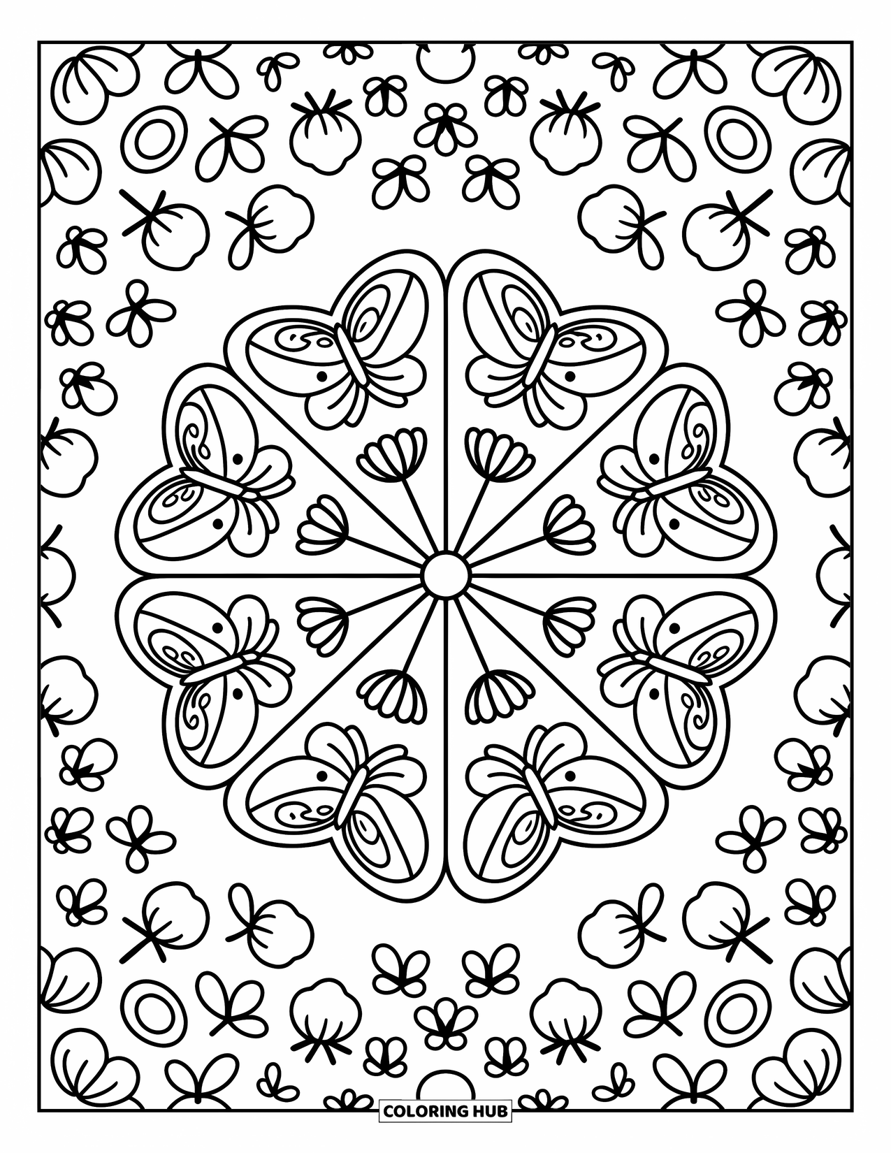 Butterfly Mandala Coloring Page for Adults: A cozy mandala with four types of butterflies and tiny fruits all around