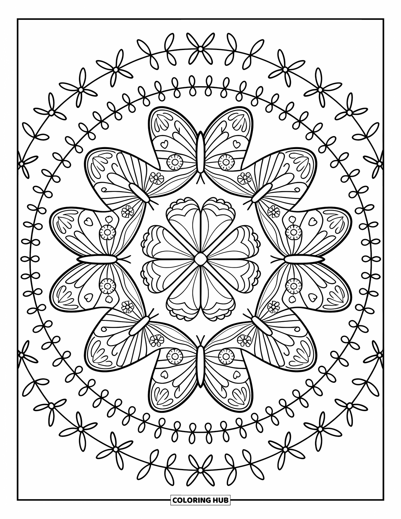 Butterfly Mandala Coloring Page for Adults: A sweet mandala of dotted butterflies framed by bows and leafy rings
