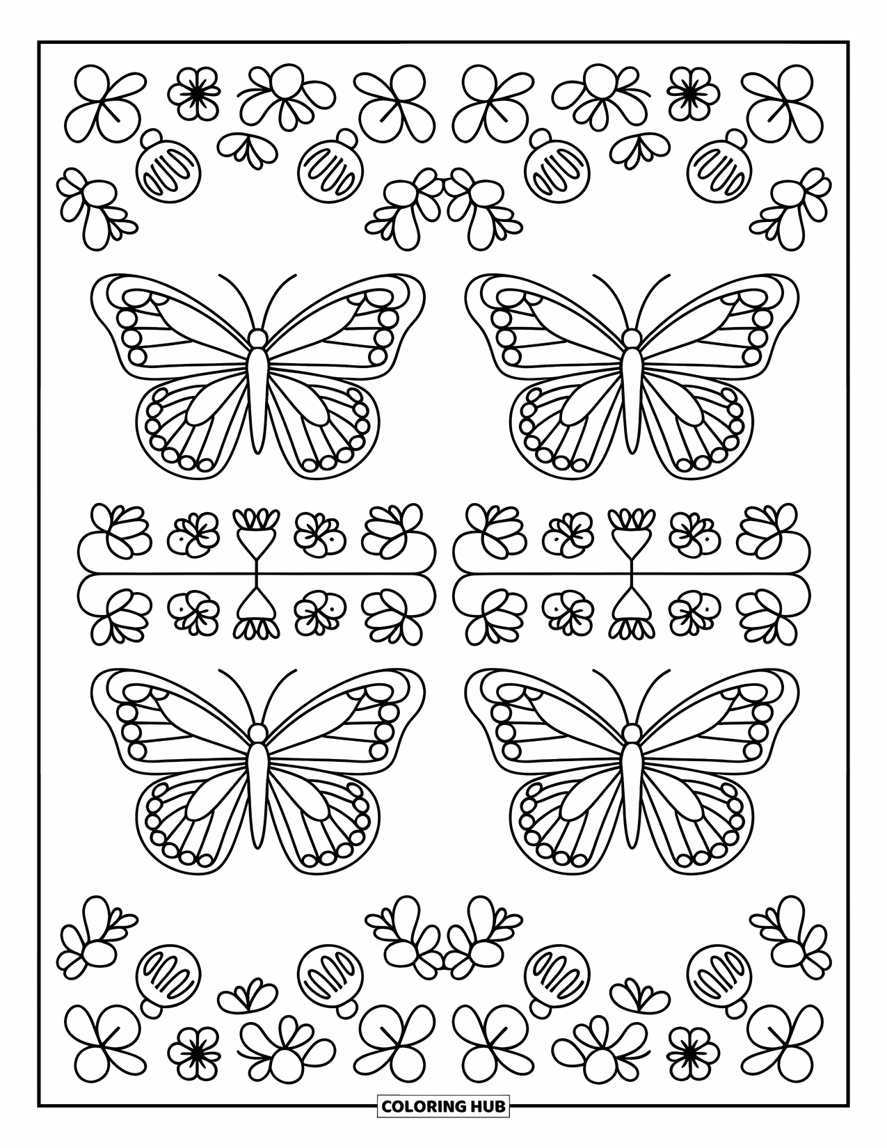 Butterfly Mandala Coloring Page for Adults: Butterflies fill each corner of a fruity, flower-filled mandala