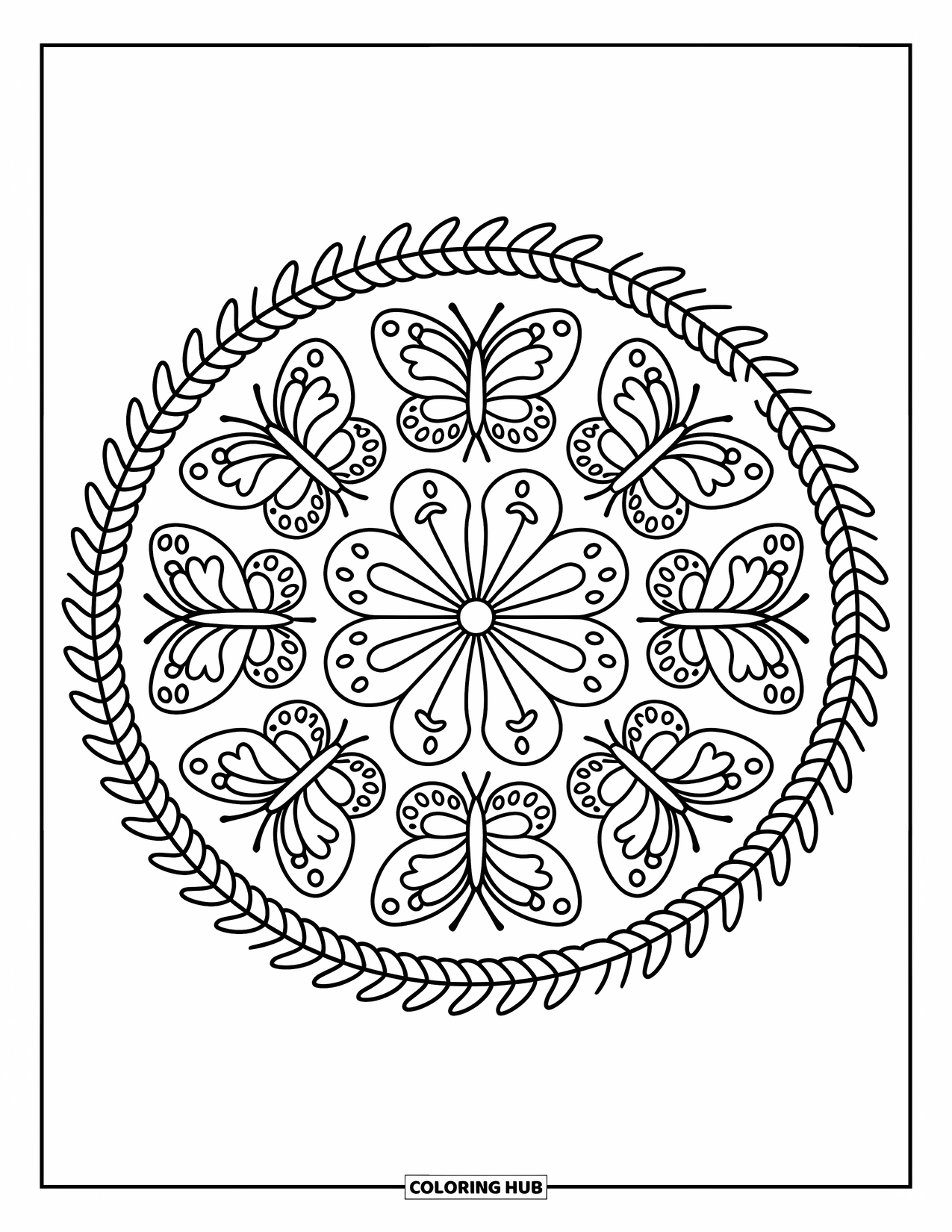 Butterfly Mandala Coloring Page for Adults: Butterflies with lacy wings spin in a circle framed by leaves and ribbons