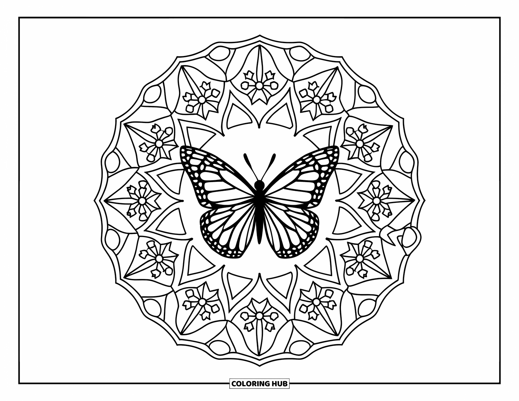 Butterfly Mandala Coloring Page for Adults: Butterfly at the center of a mandala filled with snowflake and floral patterns