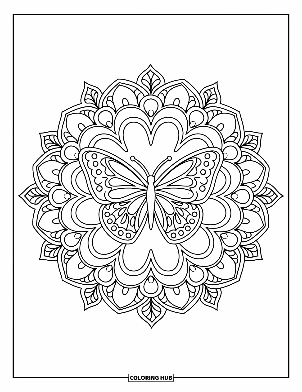 Butterfly Mandala Coloring Page for Adults: Butterfly at the center of a mandala with paisley and leafy filigree layers