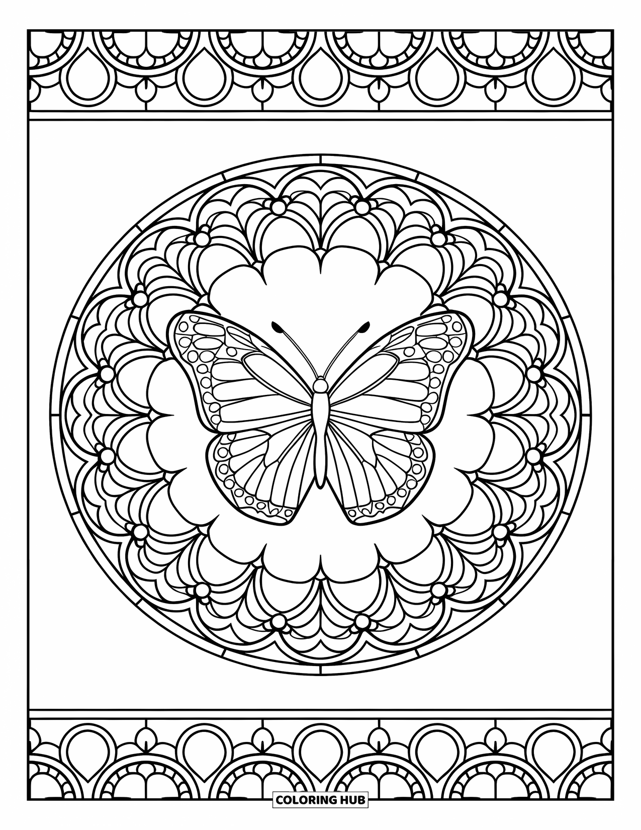 Butterfly Mandala Coloring Page for Adults: Butterfly at the center with floral and vine loops in a stained-glass pattern