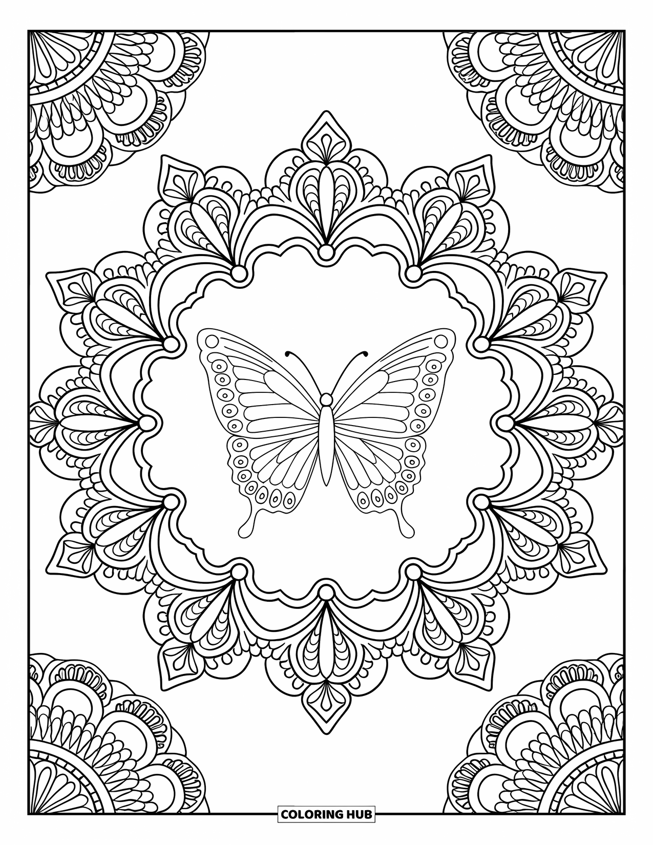 Butterfly Mandala Coloring Page for Adults: Butterfly at the center with swirling baroque lace and fern-inspired mandala shapes