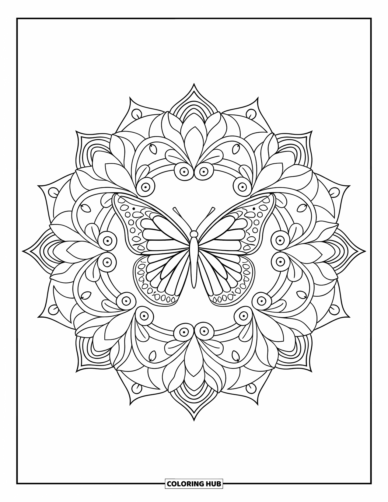 Butterfly Mandala Coloring Page for Adults: Butterfly centered in a mandala of lotus petals, vines, and ornamental spirals