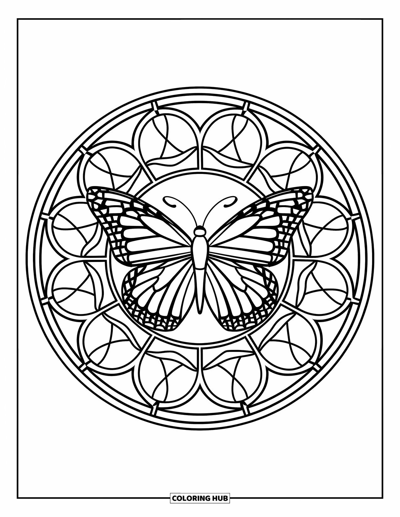 Butterfly Mandala Coloring Page for Adults: Butterfly centered in a rose window-inspired mandala with petal-like symmetry