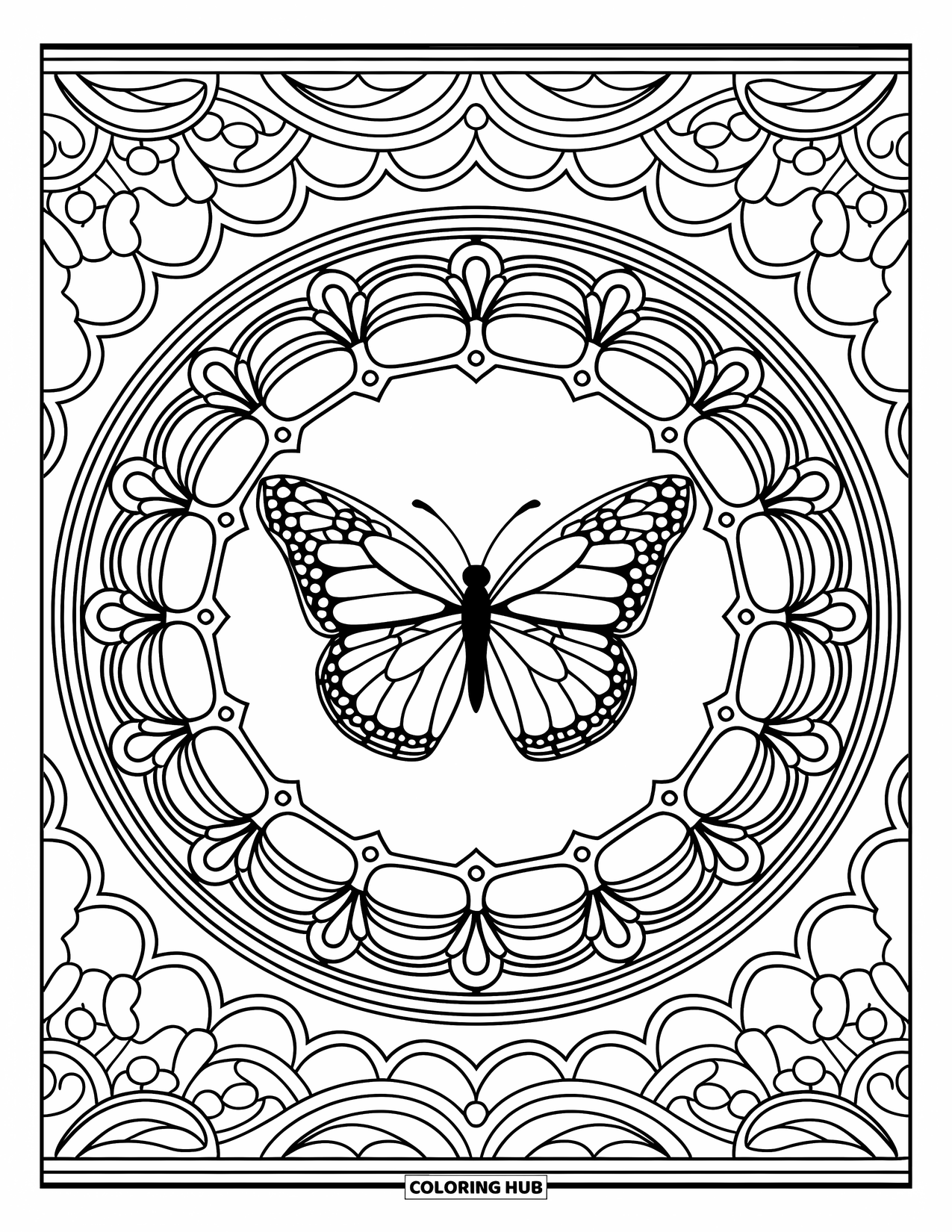 Butterfly Mandala Coloring Page for Adults: Butterfly centered in an ornate stained-glass mandala with floral and vine loops