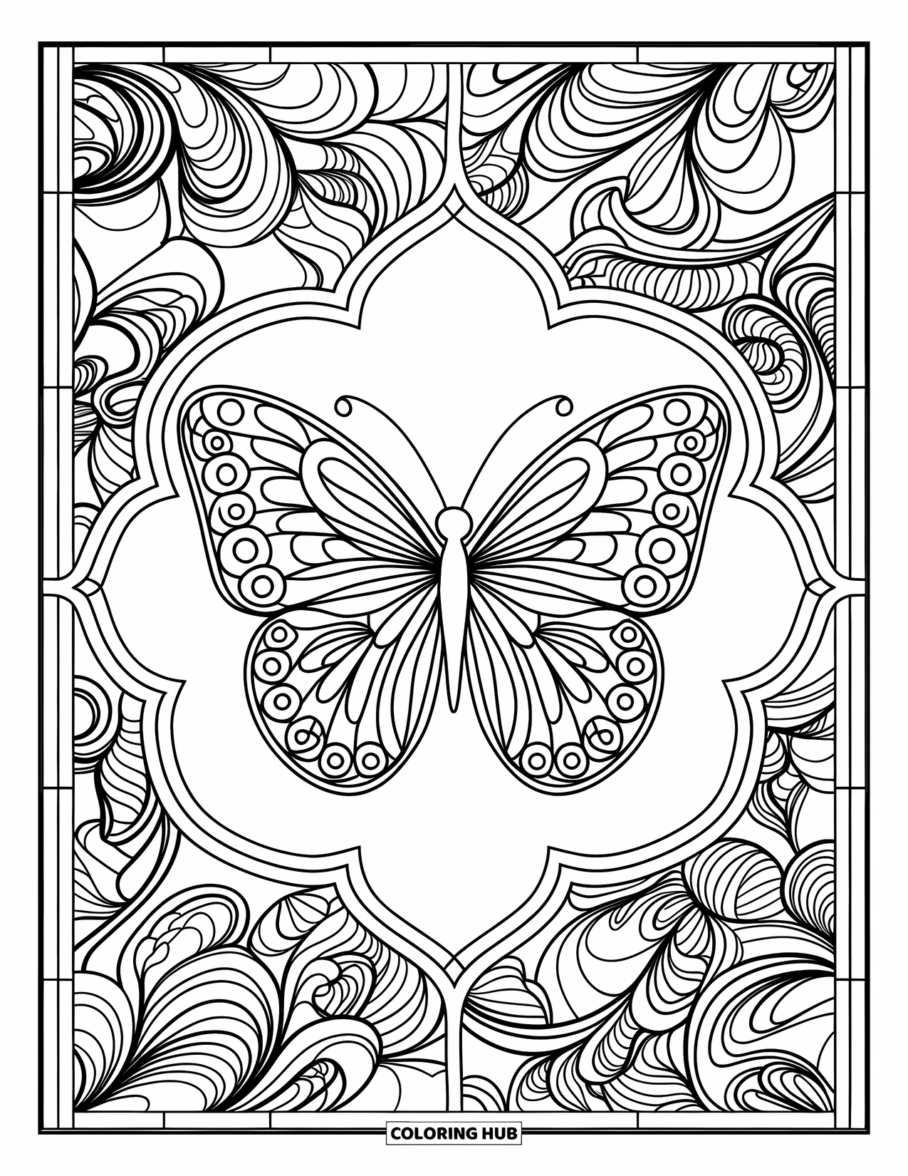 Butterfly Mandala Coloring Page for Adults: Butterfly framed by a stained-glass layout with swirling botanical mandala patterns
