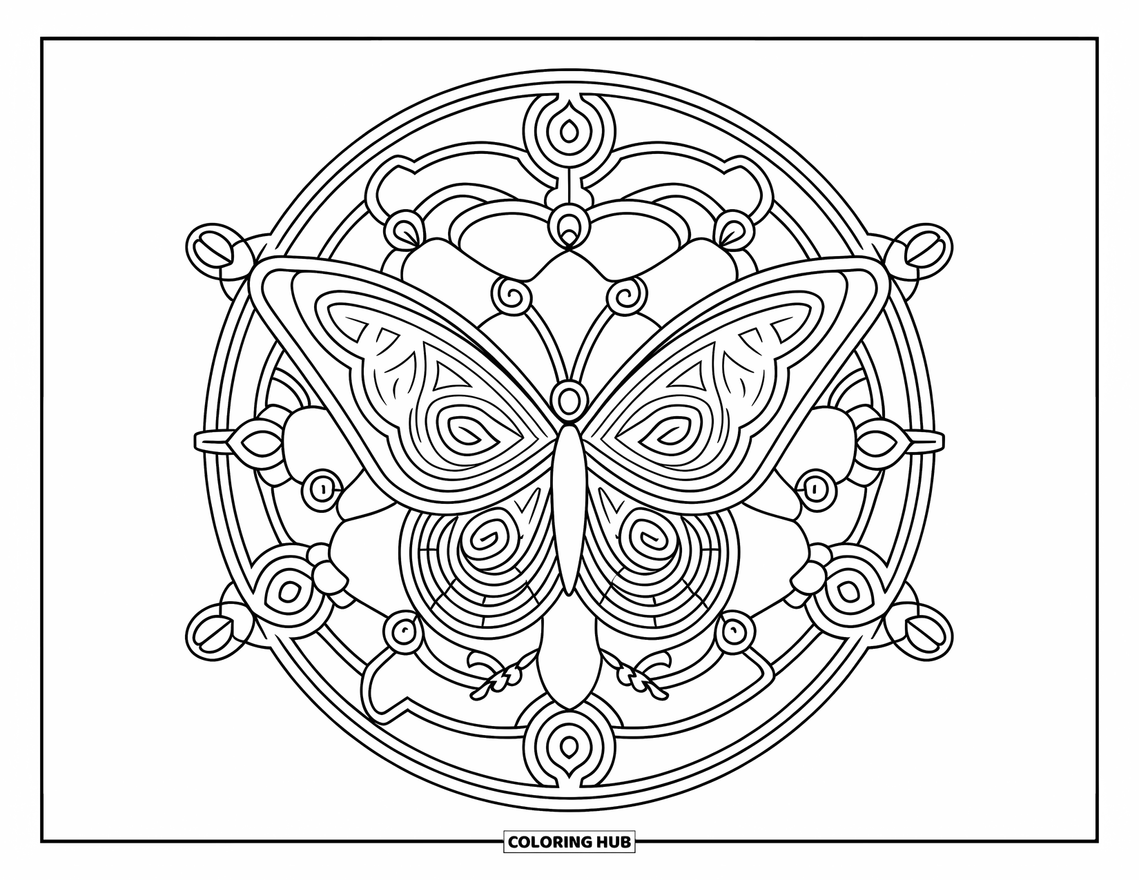 Butterfly Mandala Coloring Page for Adults: Butterfly in a mandala of spirals, buds, and overlapping geometric shapes