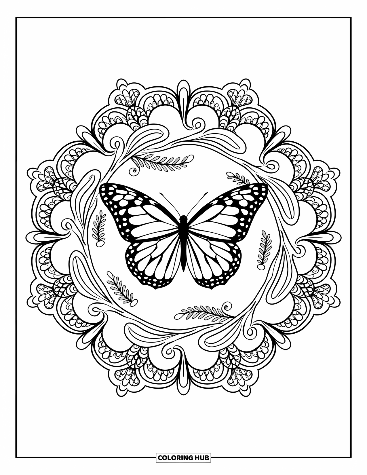 Butterfly Mandala Coloring Page for Adults: Butterfly in a mandala surrounded by lace filigree and decorative fern-style swirls