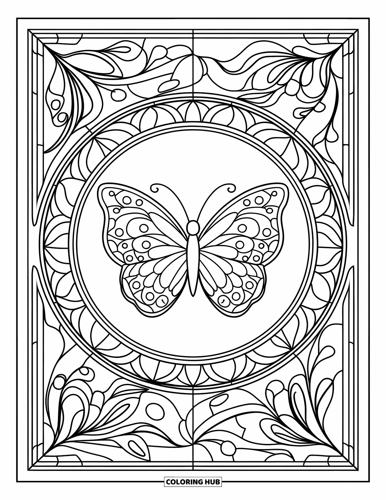 Butterfly Mandala Coloring Page for Adults: Butterfly in the center of a mandala with botanical stained-glass panel patterns