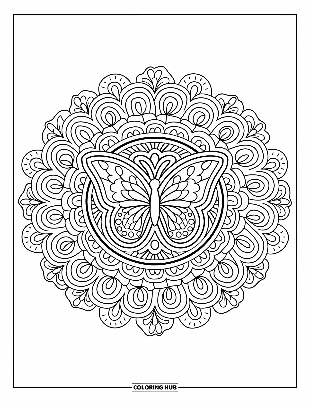 Butterfly Mandala Coloring Page for Adults: Butterfly in the center of a Zen-style mandala with floral rings