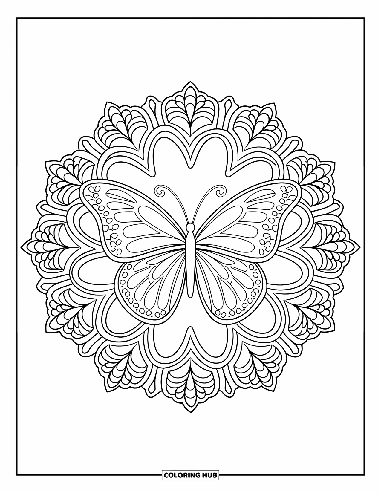 Butterfly Mandala Coloring Page for Adults: Butterfly in the center of floral lace with balanced wing details