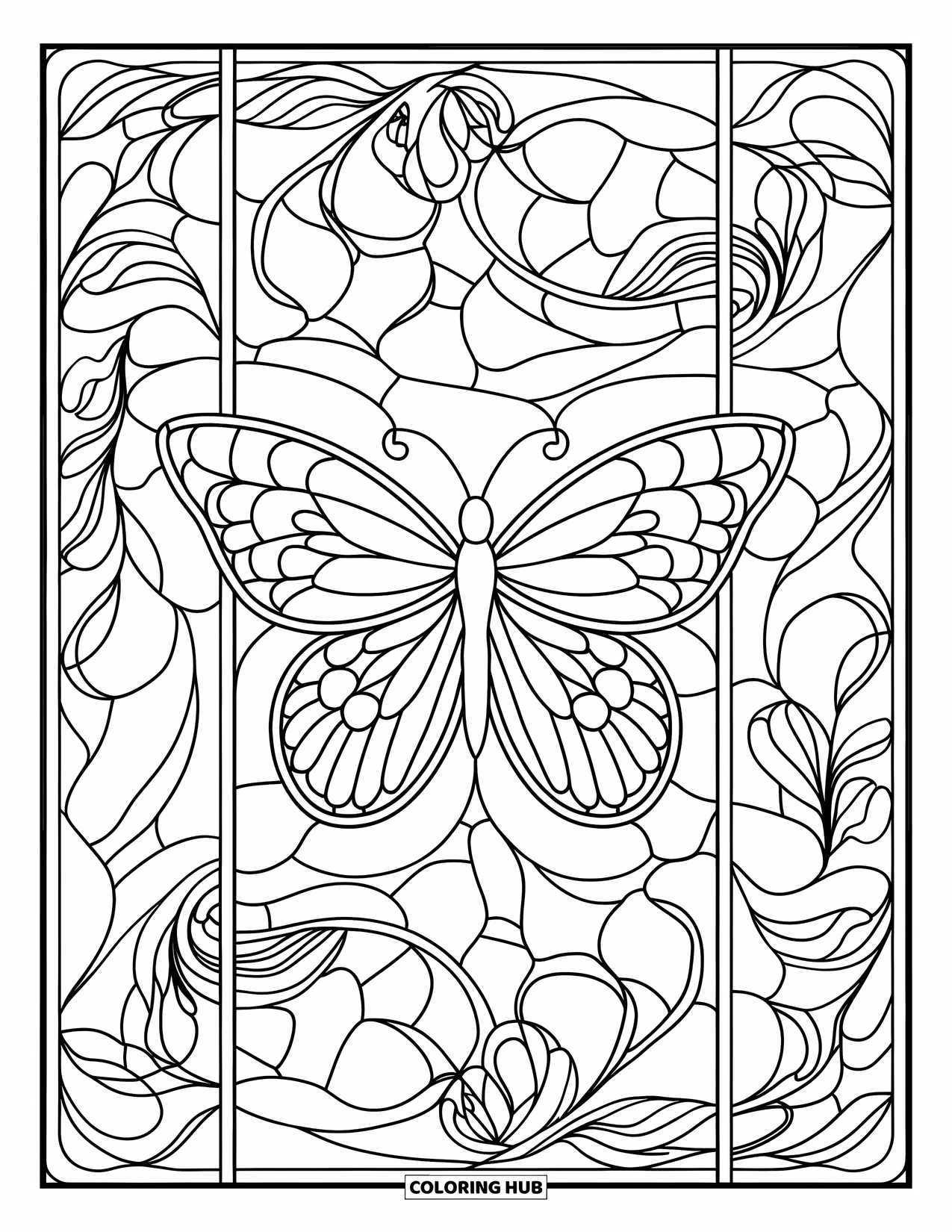 Butterfly Mandala Coloring Page for Adults: Butterfly inside a stained-glass panel with swirling botanical patterns in each section
