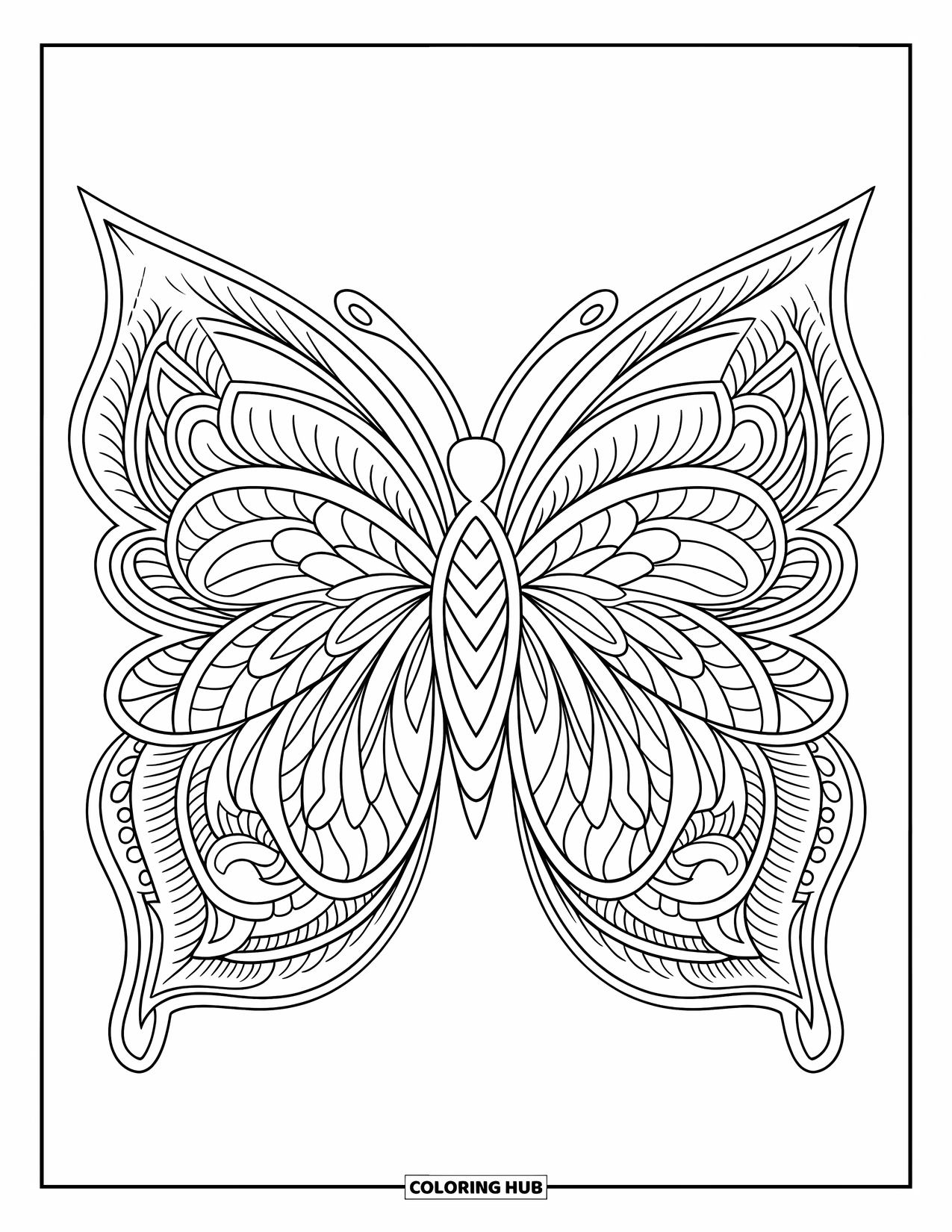 Butterfly Mandala Coloring Page for Adults: Butterfly made of layered leaves, petals, and swirls with a decorative mandala design