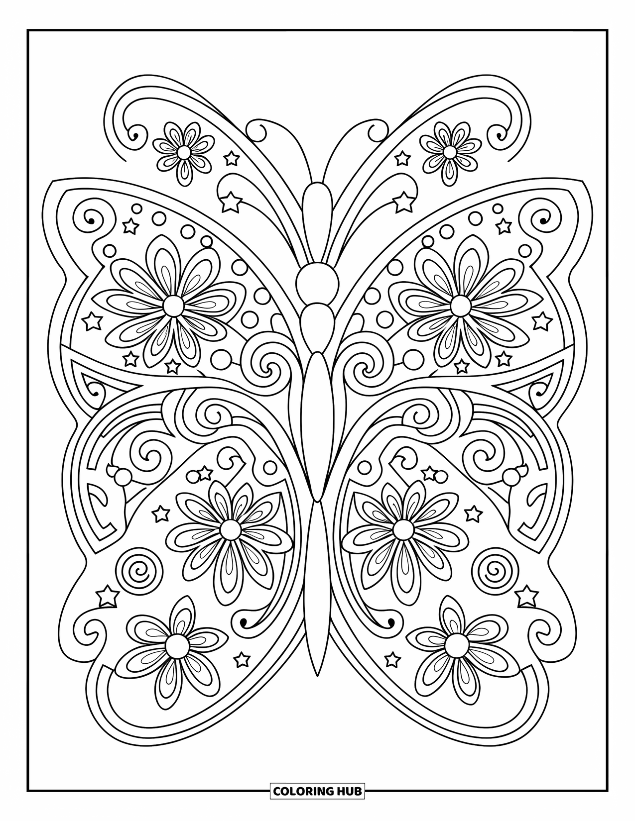 Butterfly Mandala Coloring Page for Adults: Butterfly mandala filled with flowers, curls, and stars in a clean, bold style