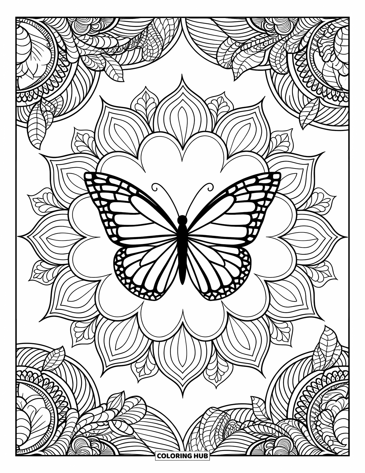 Butterfly Mandala Coloring Page for Adults: Butterfly mandala framed by paisley layers and leafy designs with decorative borders