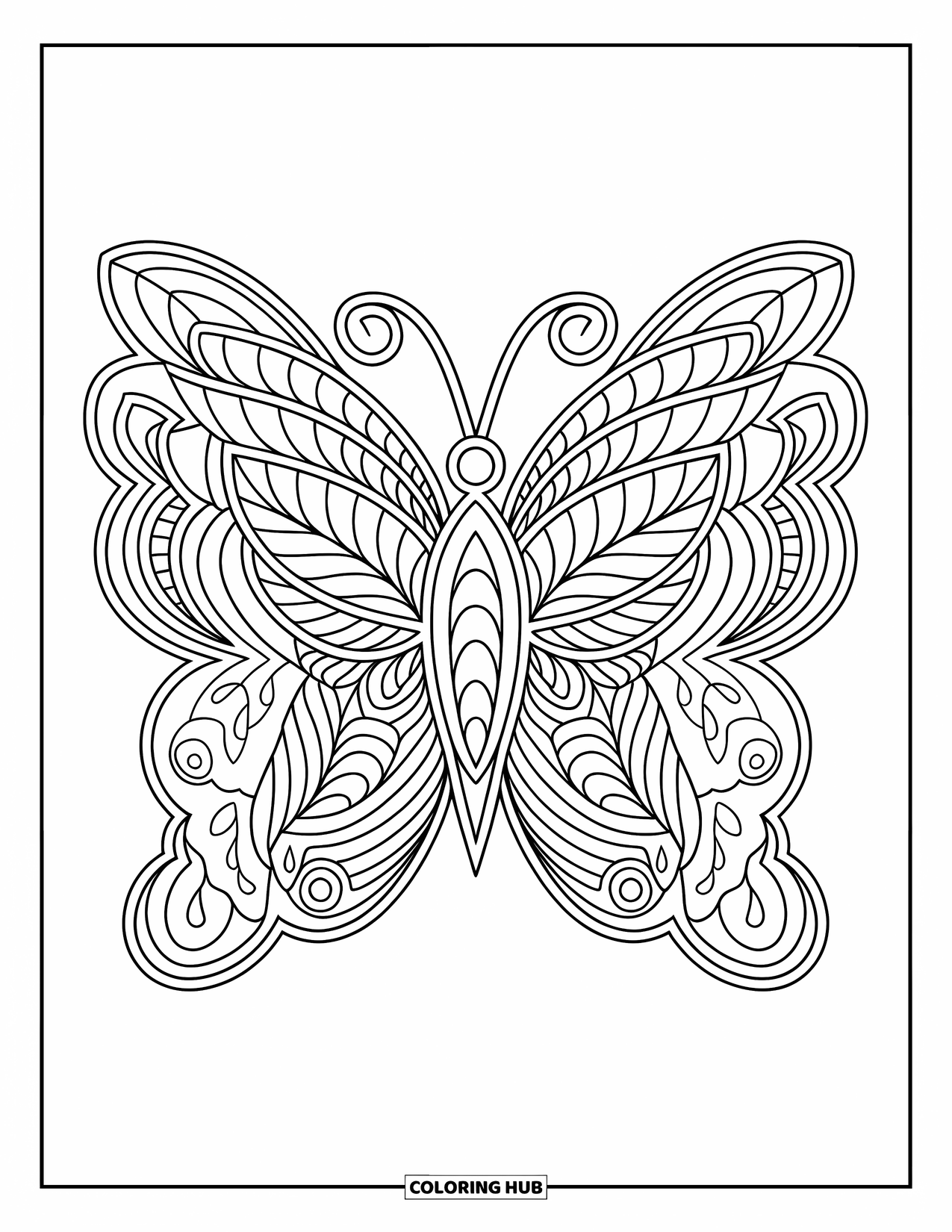Butterfly Mandala Coloring Page for Adults: Butterfly mandala made of layered petals, leaves, and swirls in a detailed design
