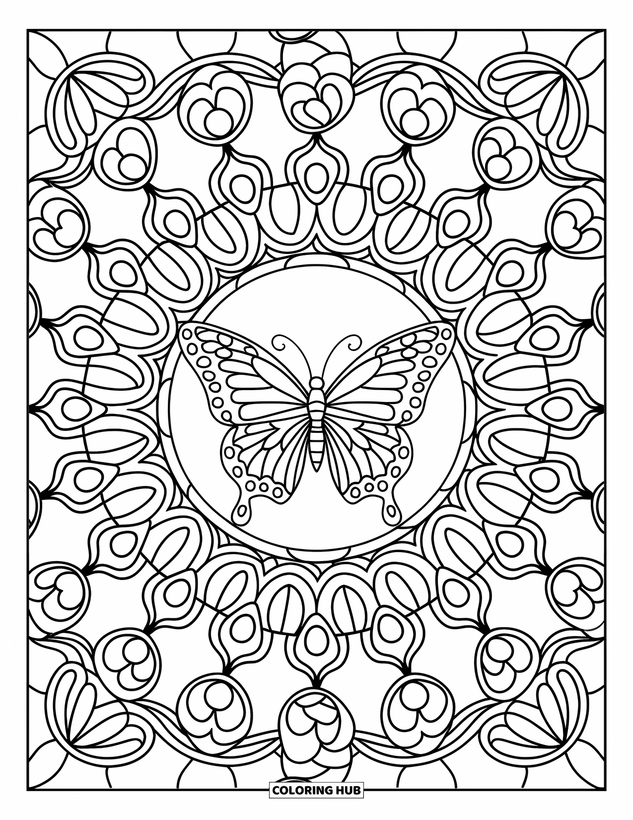 Butterfly Mandala Coloring Page for Adults: Butterfly mandala surrounded by floral loops in a stained-glass inspired design