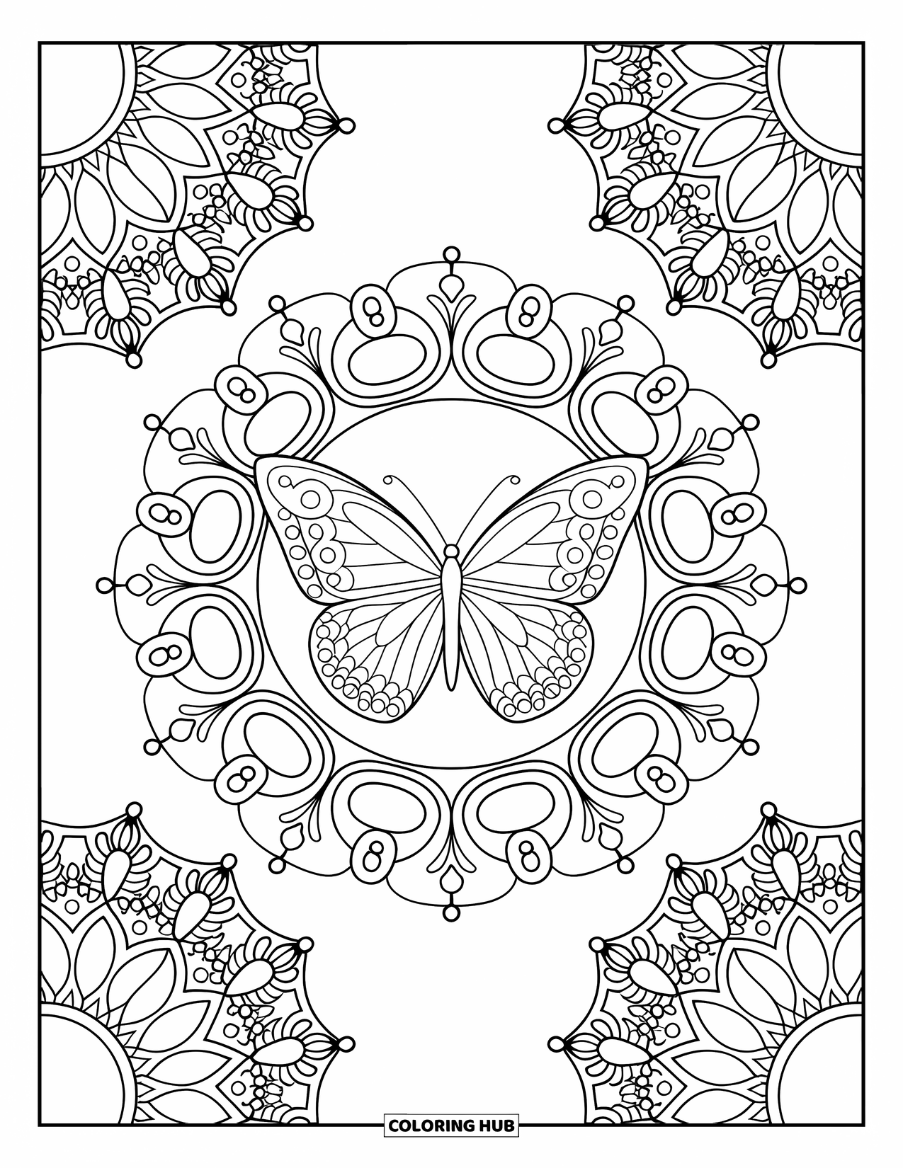 Butterfly Mandala Coloring Page for Adults: Butterfly mandala surrounded by intricate baroque patterns with lace and fern elements
