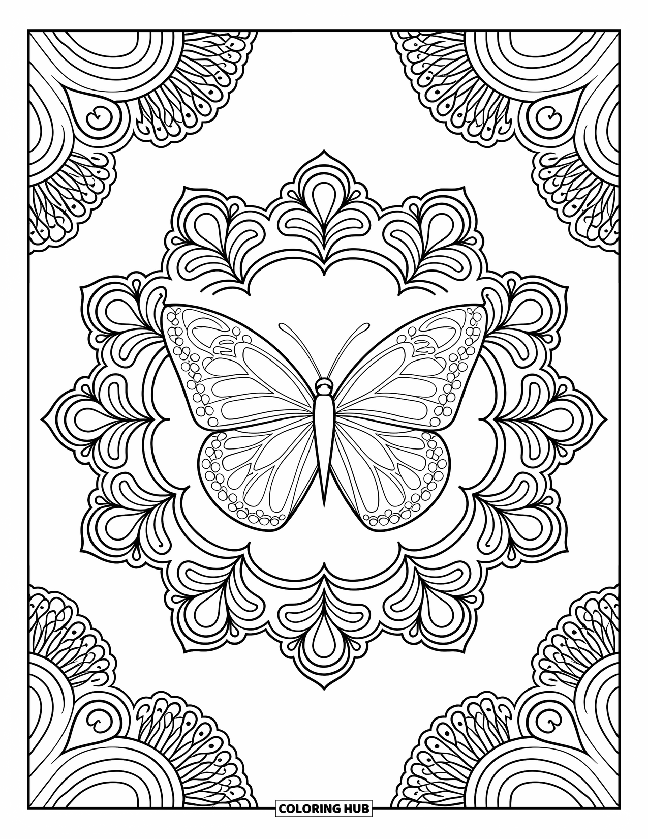 Butterfly Mandala Coloring Page for Adults: Butterfly mandala with baroque lace and curling fern details all around