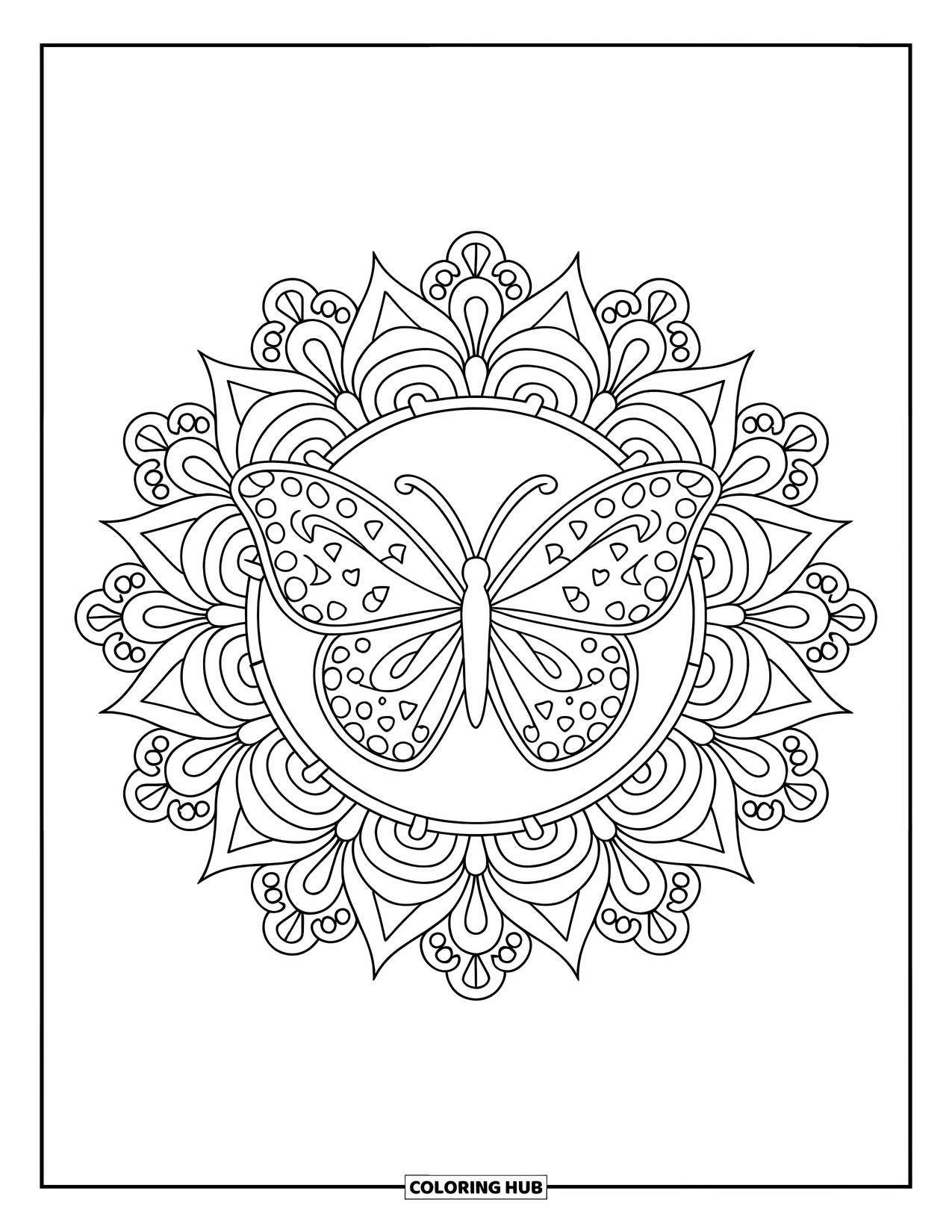 Butterfly Mandala Coloring Page for Adults: Butterfly mandala with stars, curls, and floral patterns in bold lines
