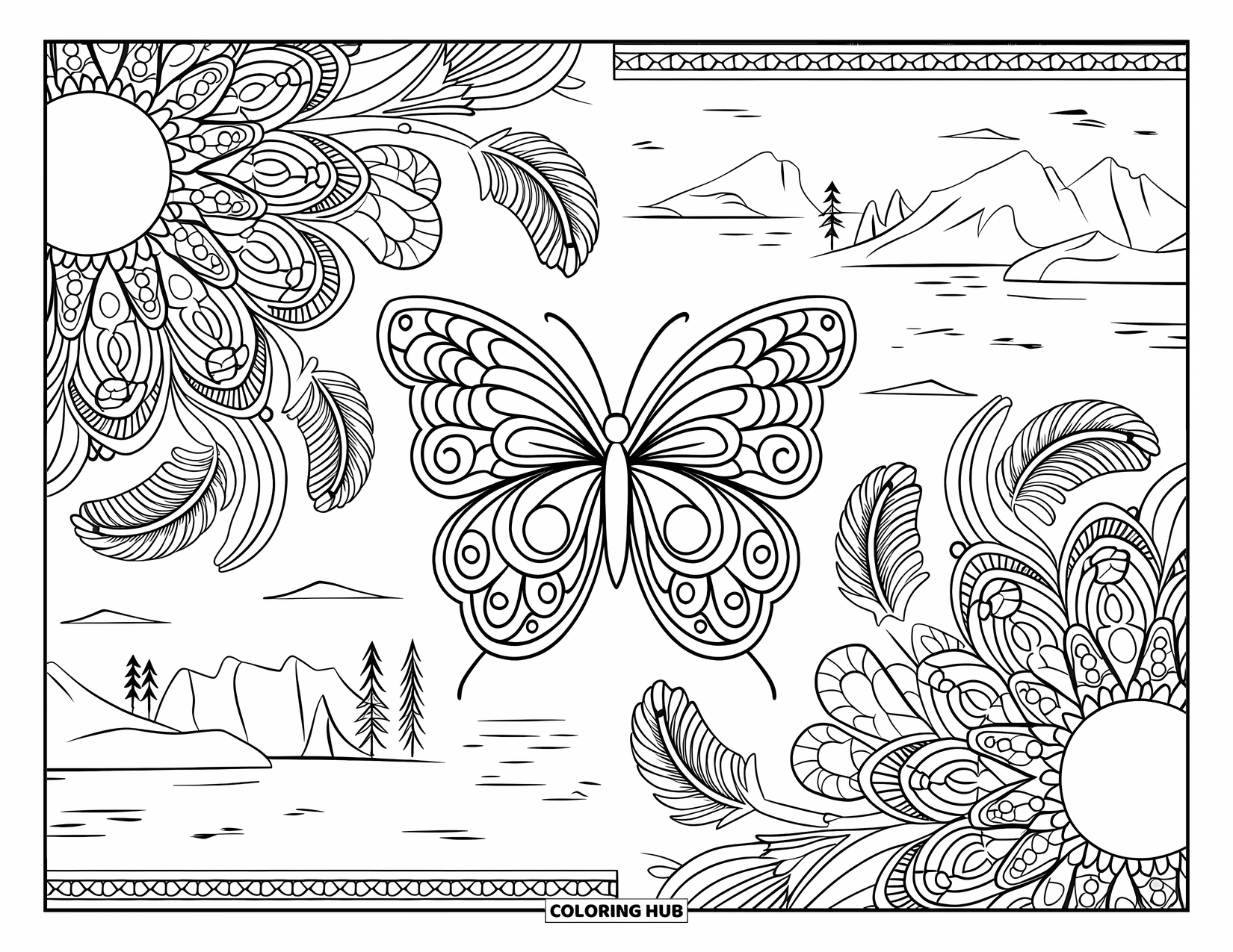 Butterfly Mandala Coloring Page for Adults: Butterfly mandala with swirling designs, mountains, trees, and water in the scene