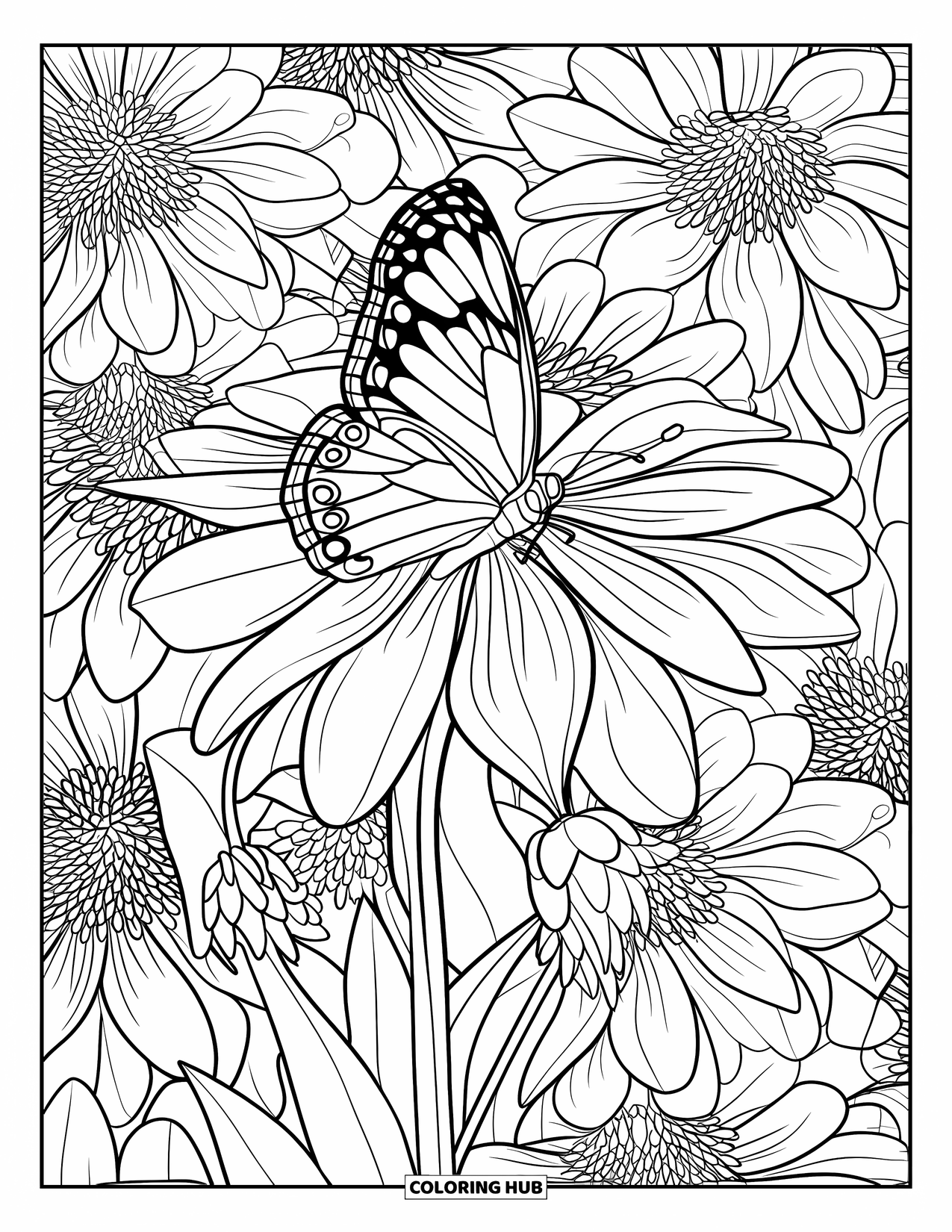 Butterfly Mandala Coloring Page for Adults: Butterfly on a blooming dahlia with a pattern of repeating flowers all around