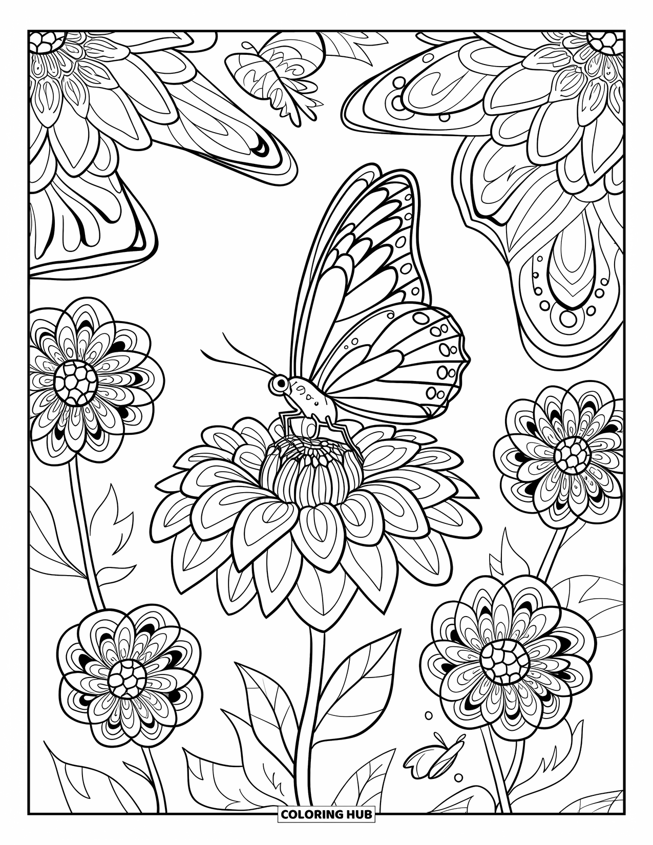 Butterfly Mandala Coloring Page for Adults: Butterfly resting on a dahlia flower surrounded by more flowers and wings