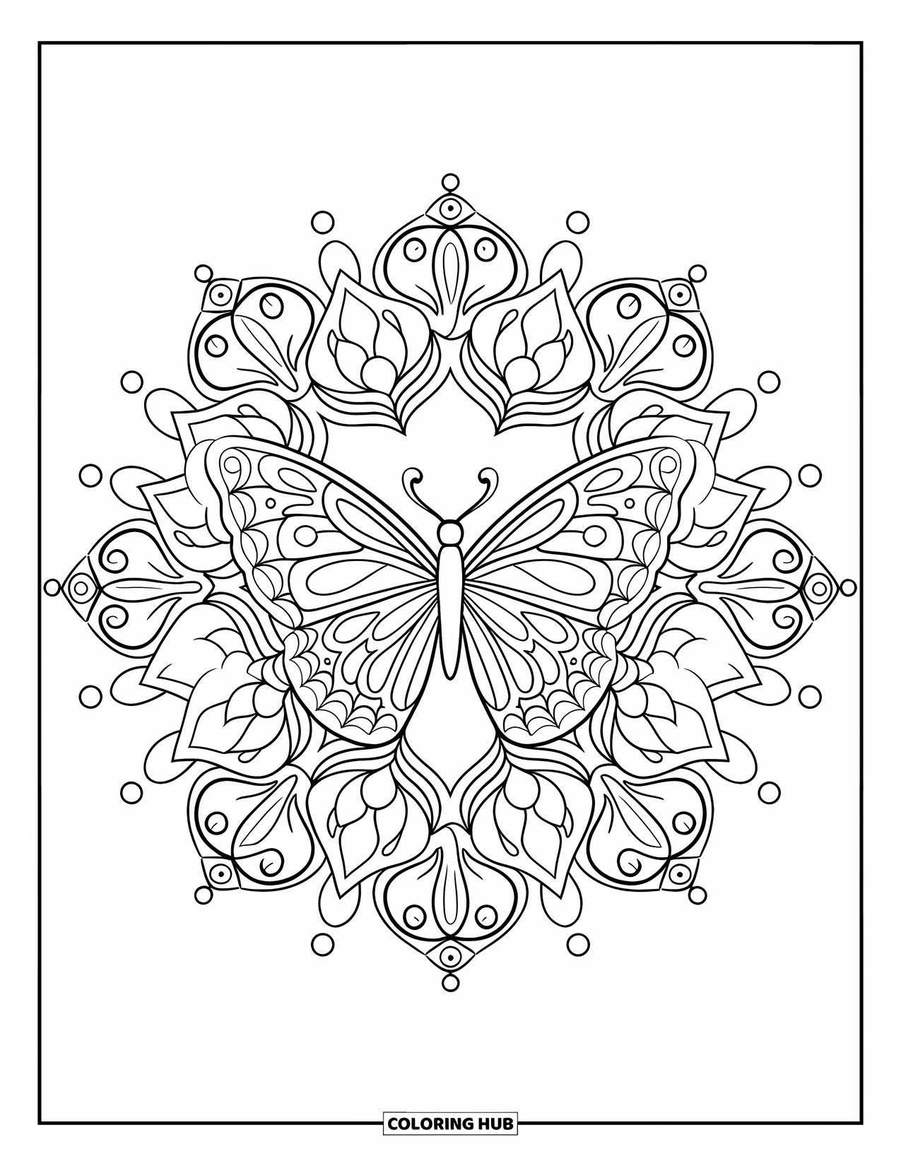 Butterfly Mandala Coloring Page for Adults: Butterfly surrounded by a full mandala of petals, vines, and swirling patterns
