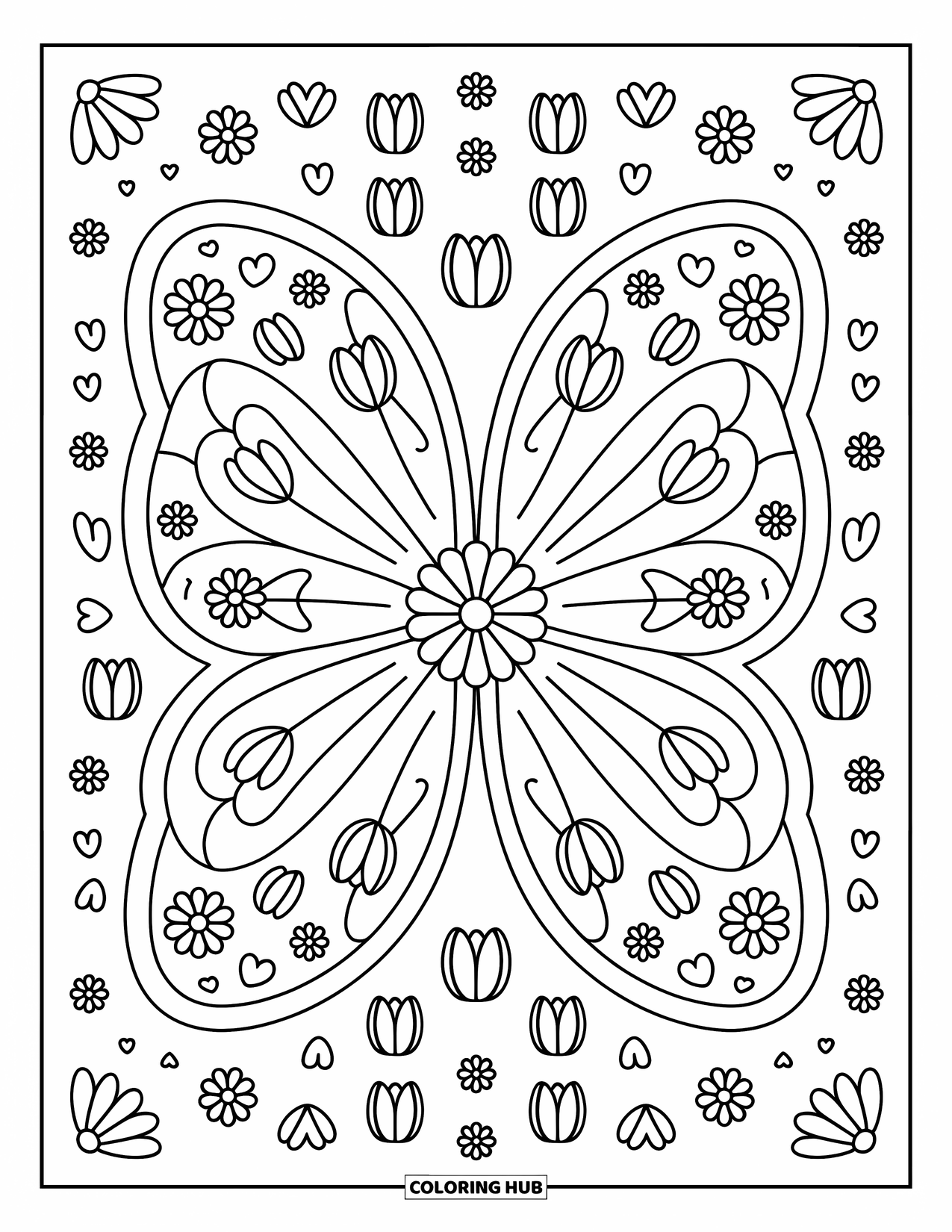 Butterfly Mandala Coloring Page for Adults: Butterfly wings bloom around a central flower in a tulip-filled mandala