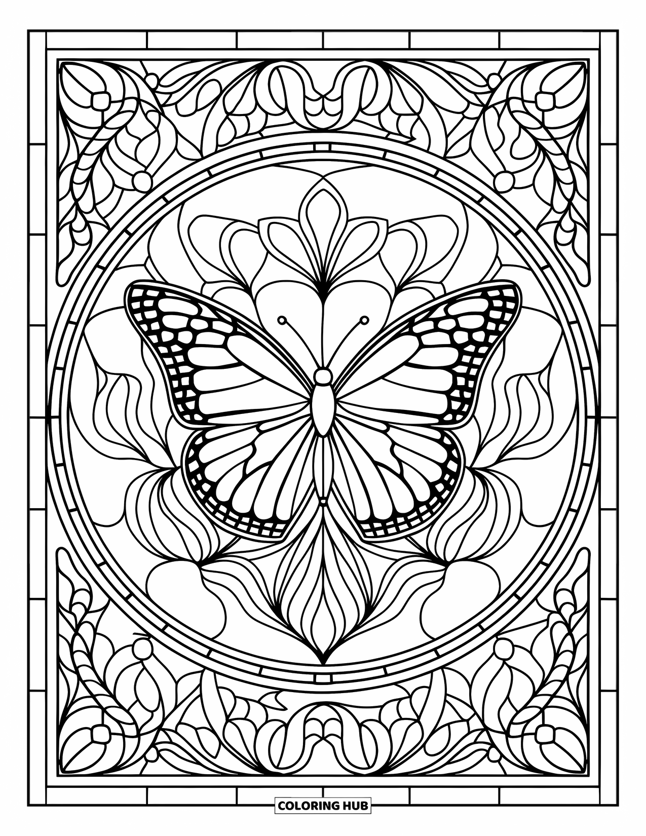 Butterfly Mandala Coloring Page for Adults: Butterfly with a floral mandala, surrounded by botanical stained-glass inspired patterns