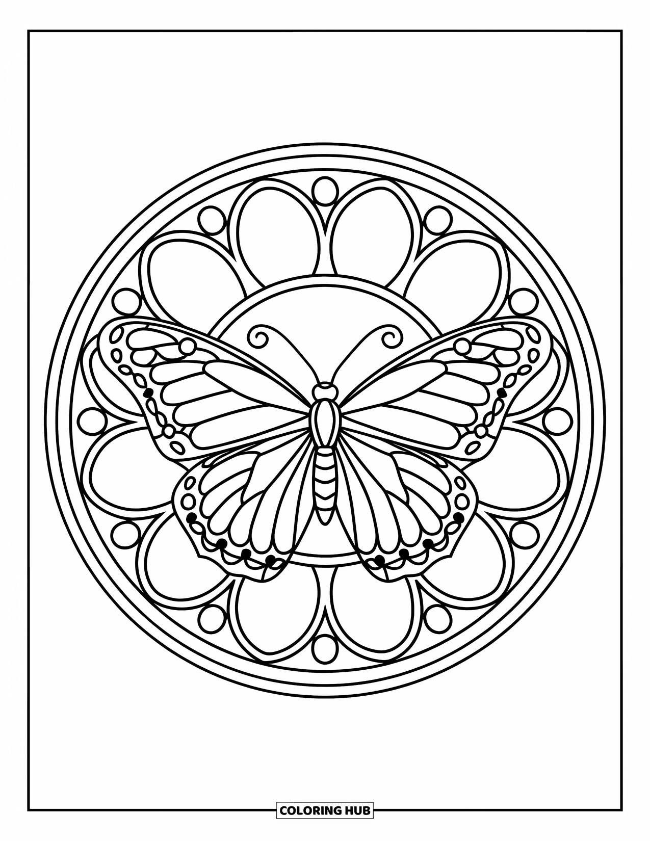 Butterfly Mandala Coloring Page for Adults: Butterfly with open wings in a mandala surrounded by swirls and rose window shapes