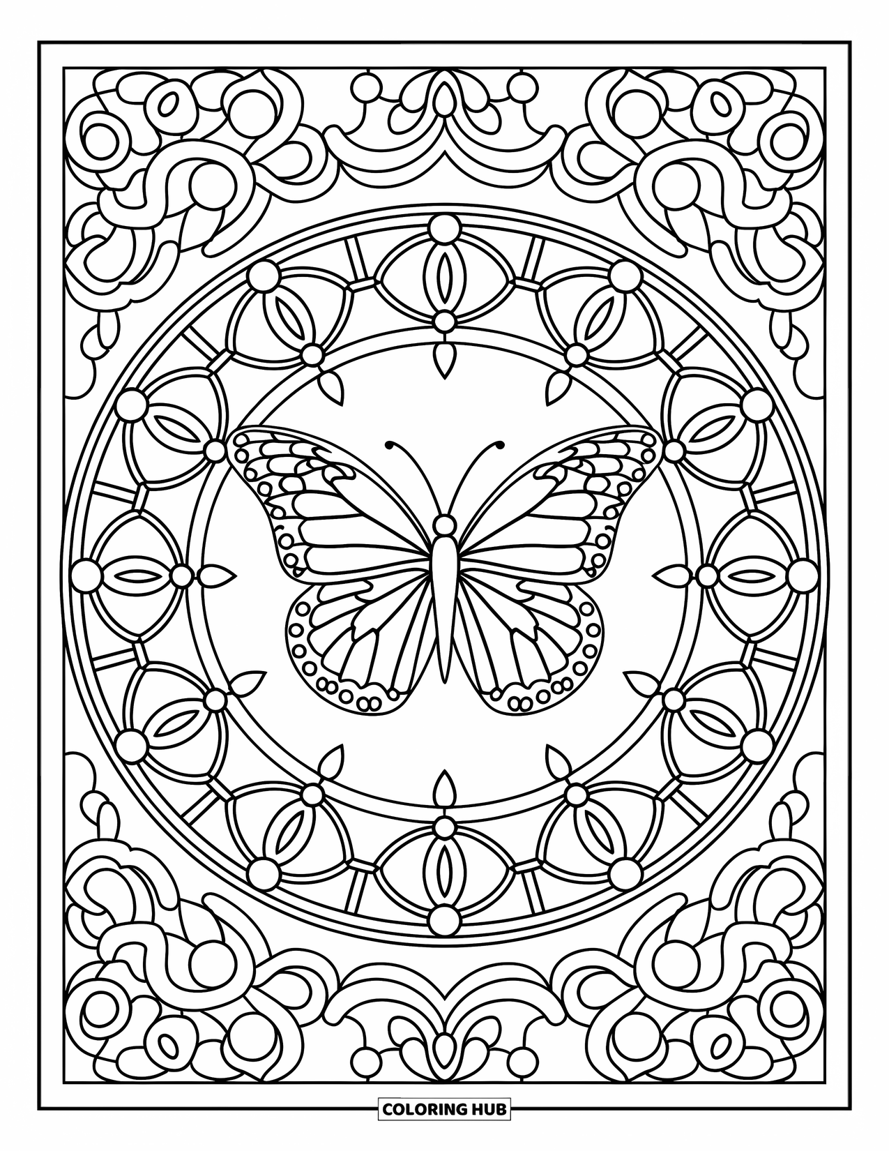 Butterfly Mandala Coloring Page for Adults: Butterfly with stained-glass style floral and vine loops filling the entire page